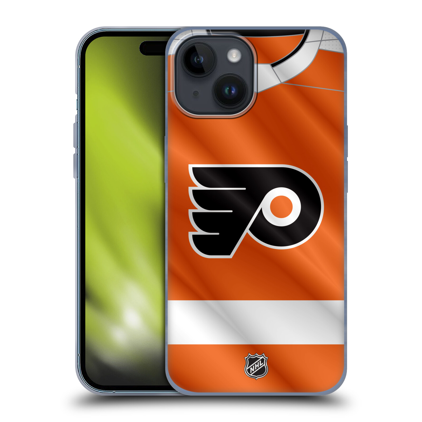 Silikonové lesklé pouzdro na mobil Apple iPhone 15 - NHL - Dres Philadelphia Flyers (Silikonový lesklý kryt, obal, pouzdro na mobilní telefon Apple iPhone 15 s licencovaným motivem NHL - Dres Philadelphia Flyers)