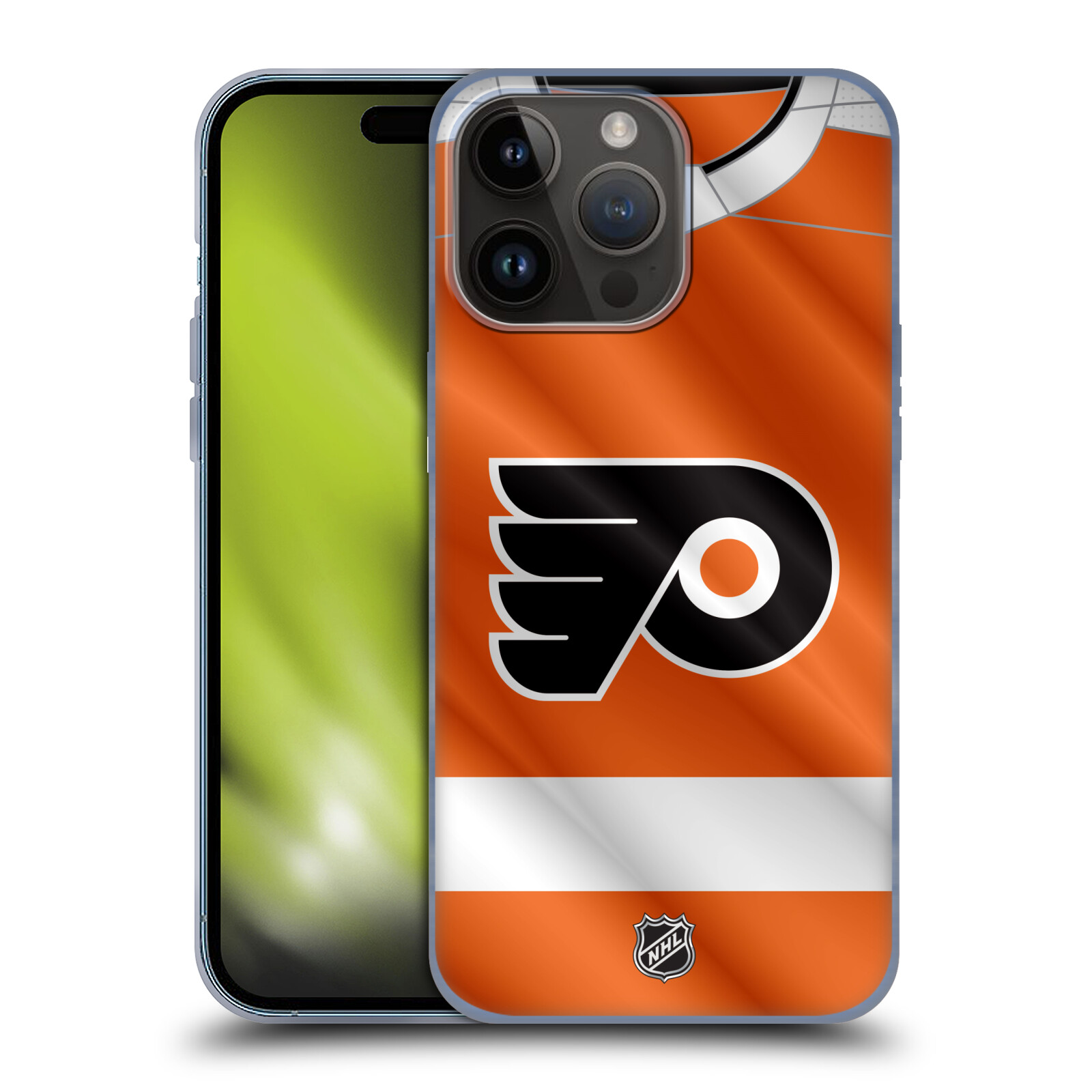 Silikonové lesklé pouzdro na mobil Apple iPhone 15 Pro Max - NHL - Dres Philadelphia Flyers (Silikonový lesklý kryt, obal, pouzdro na mobilní telefon Apple iPhone 15 Pro Max s licencovaným motivem NHL - Dres Philadelphia Flyers)