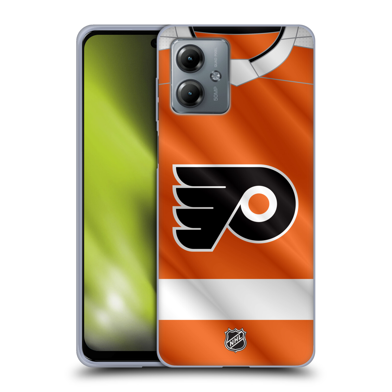 Silikonové pouzdro na mobil Motorola Moto G14 - NHL - Dres Philadelphia Flyers (Silikonový kryt, obal, pouzdro na mobilní telefon Motorola Moto G14 s licencovaným motivem NHL - Dres Philadelphia Flyers)