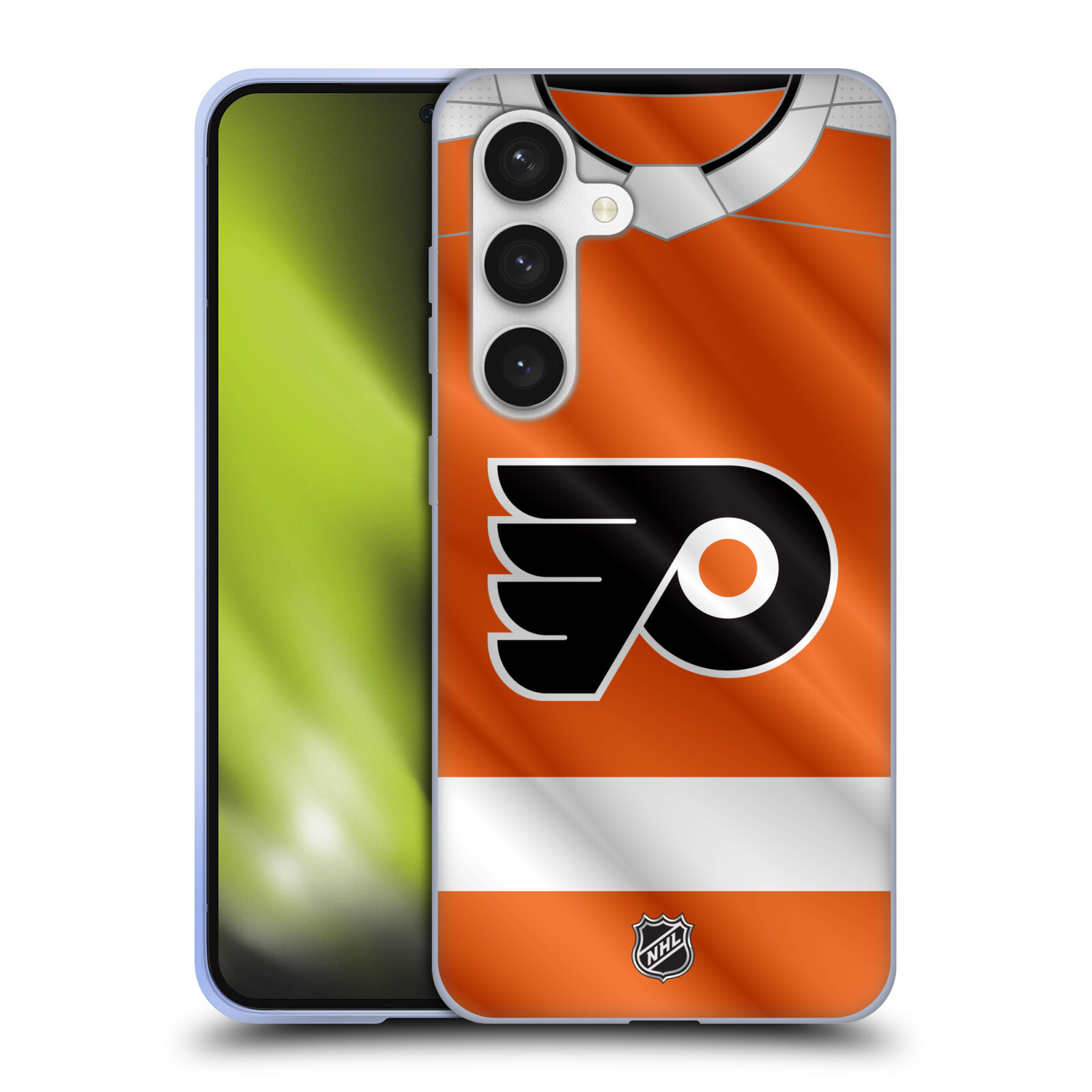 Silikonové lesklé pouzdro na mobil Samsung Galaxy S24 - NHL - Dres Philadelphia Flyers (Silikonový kryt, obal, pouzdro na mobilní telefon Samsung Galaxy S24 s licencovaným motivem NHL - Dres Philadelphia Flyers)