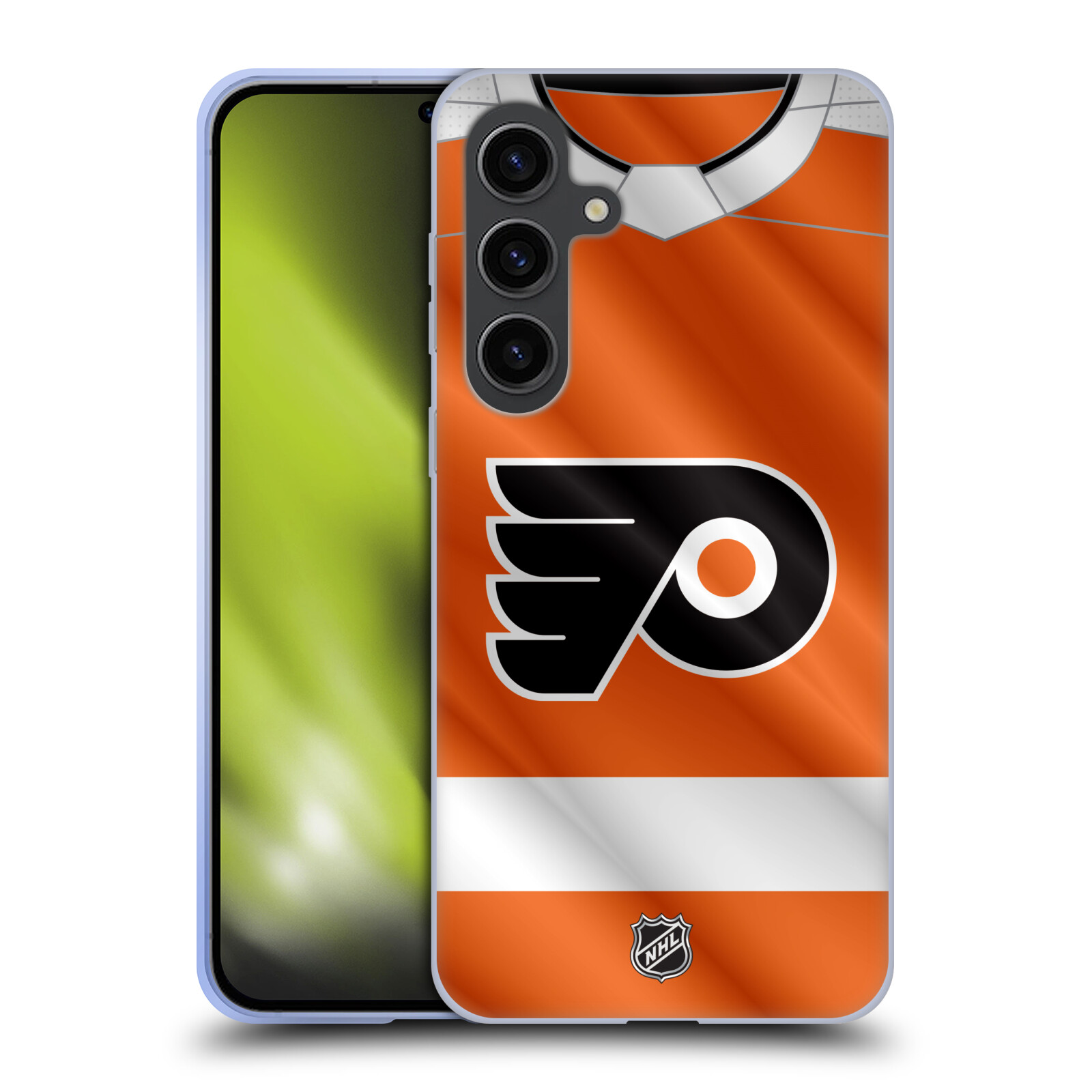 Silikonové lesklé pouzdro na mobil Samsung Galaxy S24 Plus - NHL - Dres Philadelphia Flyers (Silikonový kryt, obal, pouzdro na mobilní telefon Samsung Galaxy S24 Plus s licencovaným motivem NHL - Dres Philadelphia Flyers)
