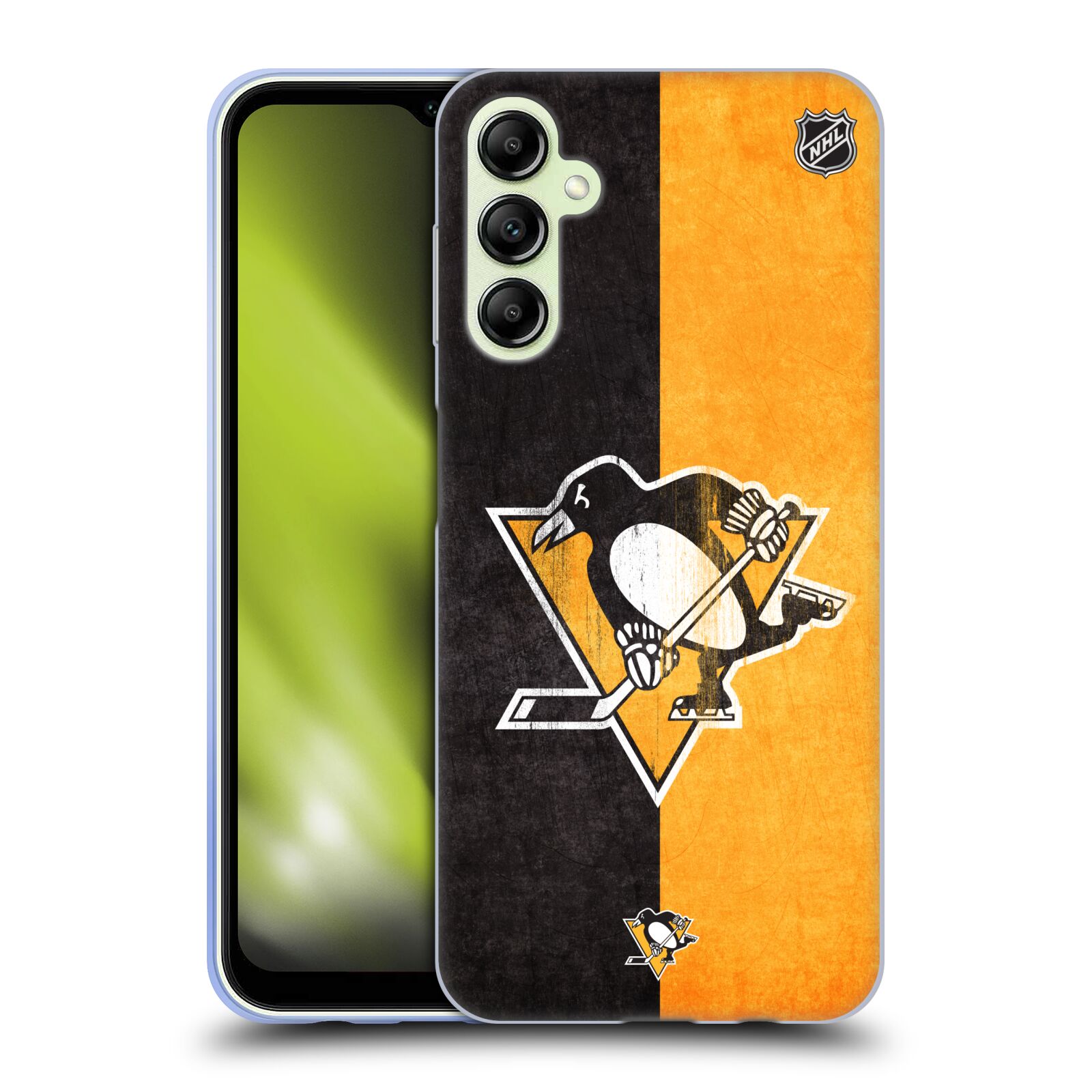 Silikonové pouzdro na mobil Samsung Galaxy A14 5G / LTE - NHL - Půlené logo Pittsburgh Penguins (Silikonový kryt, obal, pouzdro na mobilní telefon Samsung Galaxy A14 5G / LTE s licencovaným motivem NHL - Půlené logo Pittsburgh Penguins)