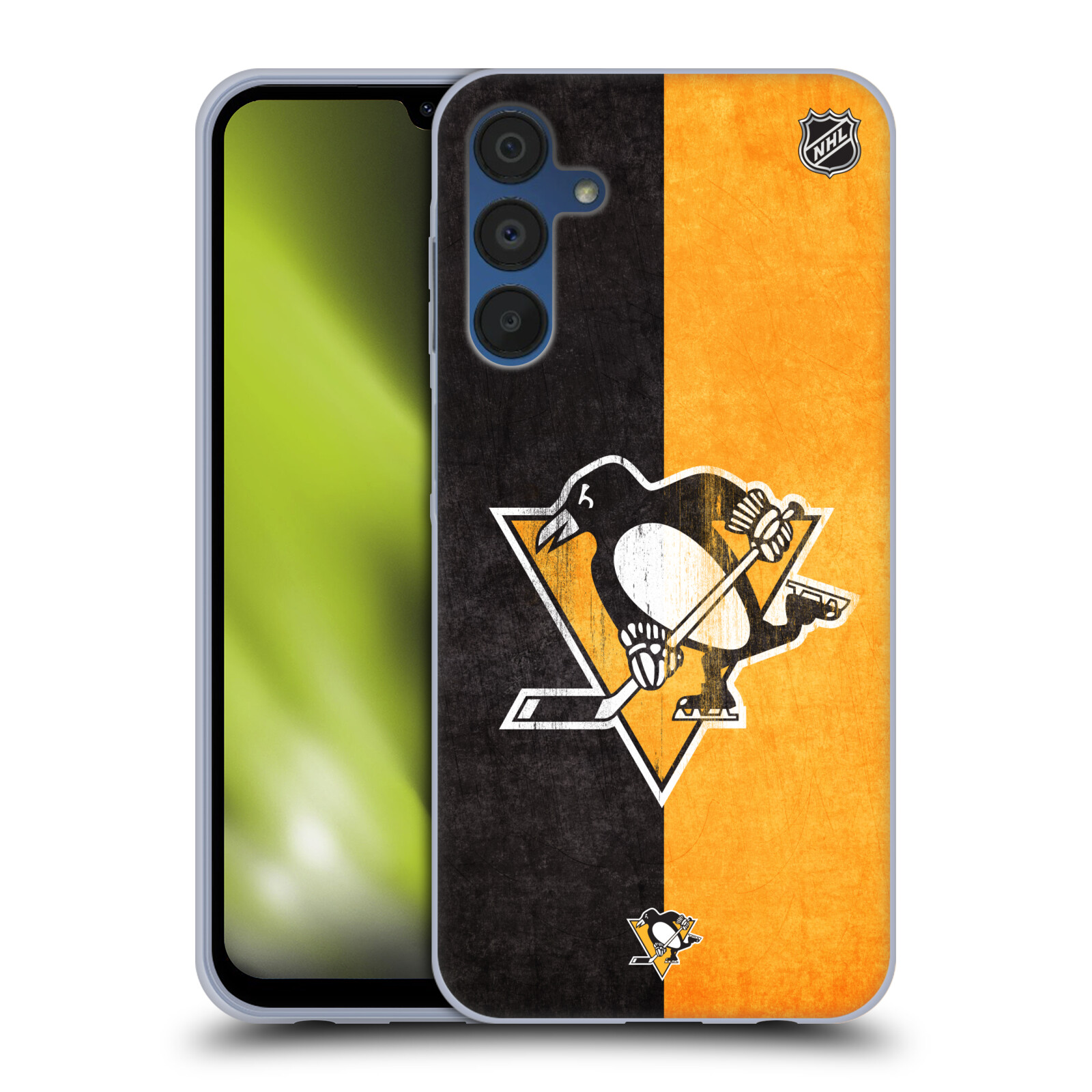 Silikonové pouzdro na mobil Samsung Galaxy A15 / A15 5G - NHL - Půlené logo Pittsburgh Penguins (Silikonový kryt, obal, pouzdro na mobilní telefon Samsung Galaxy A15 / A15 5G s licencovaným motivem NHL - Půlené logo Pittsburgh Penguins)