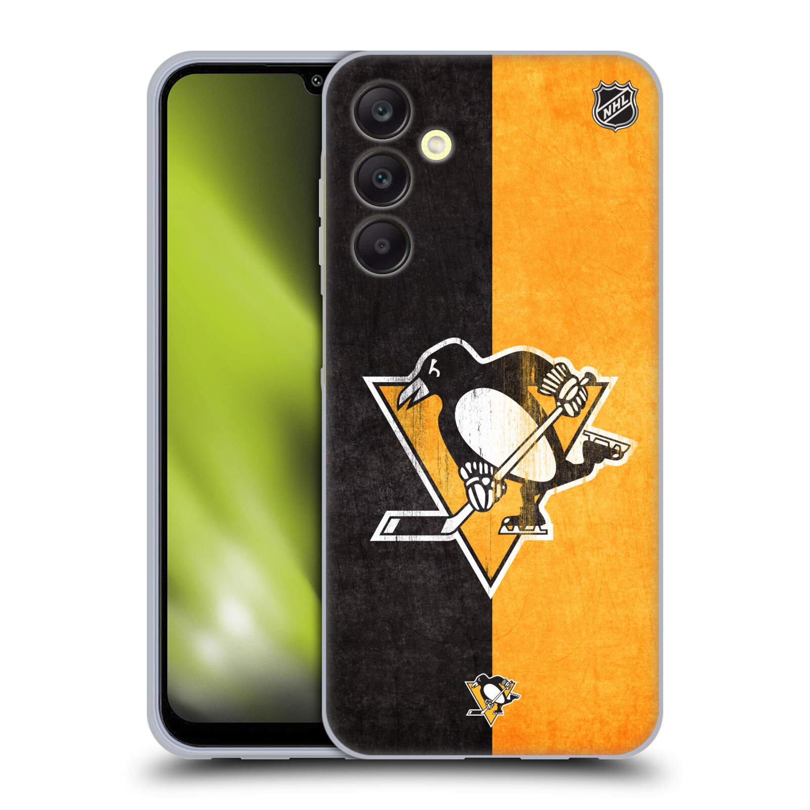 Silikonové pouzdro na mobil Samsung Galaxy A25 5G - NHL - Půlené logo Pittsburgh Penguins (Silikonový kryt, obal, pouzdro na mobilní telefon Samsung Galaxy A25 5G s licencovaným motivem NHL - Půlené logo Pittsburgh Penguins)