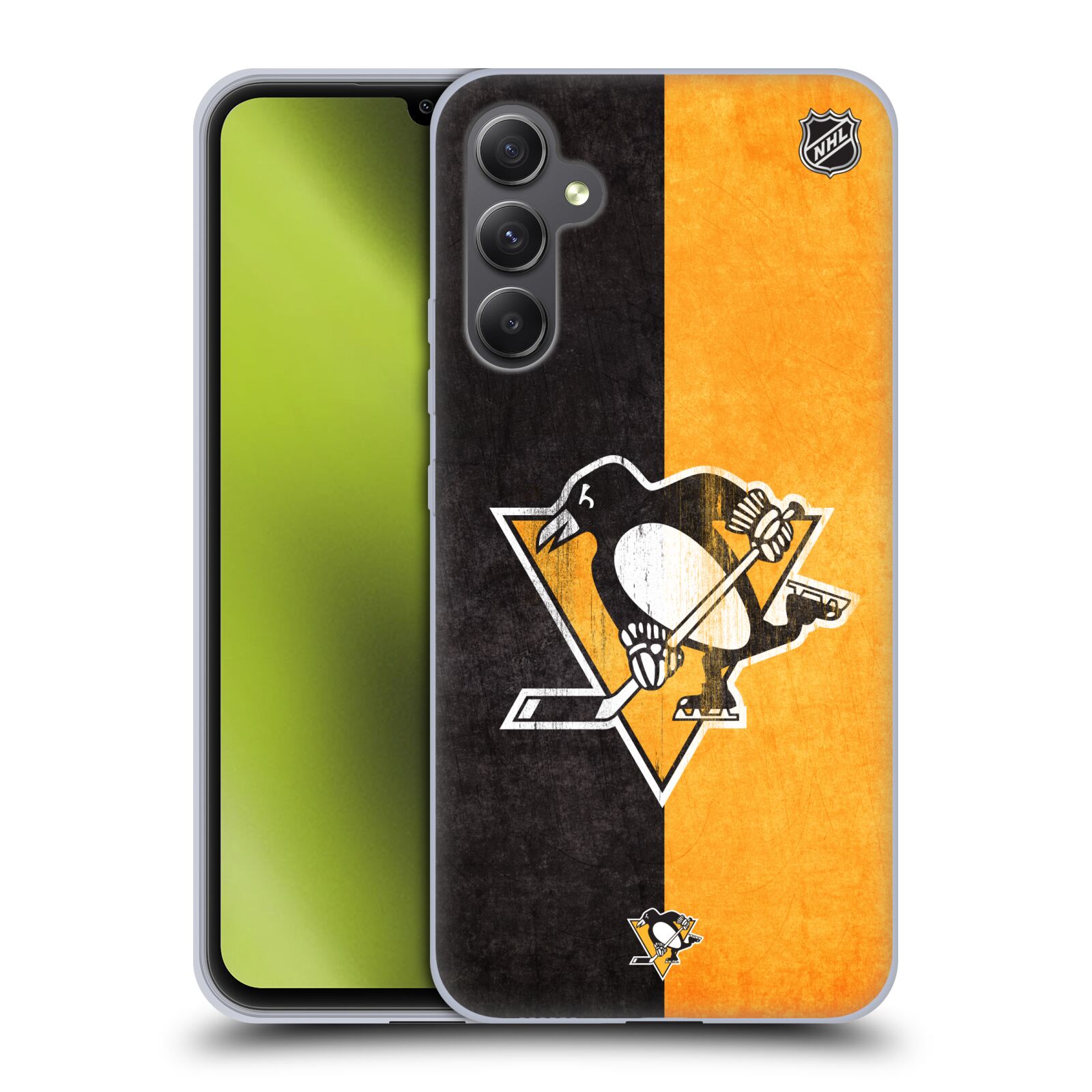Silikonové pouzdro na mobil Samsung Galaxy A34 5G - NHL - Půlené logo Pittsburgh Penguins (Silikonový kryt, obal, pouzdro na mobilní telefon Samsung Galaxy A34 5G s licencovaným motivem NHL - Půlené logo Pittsburgh Penguins)
