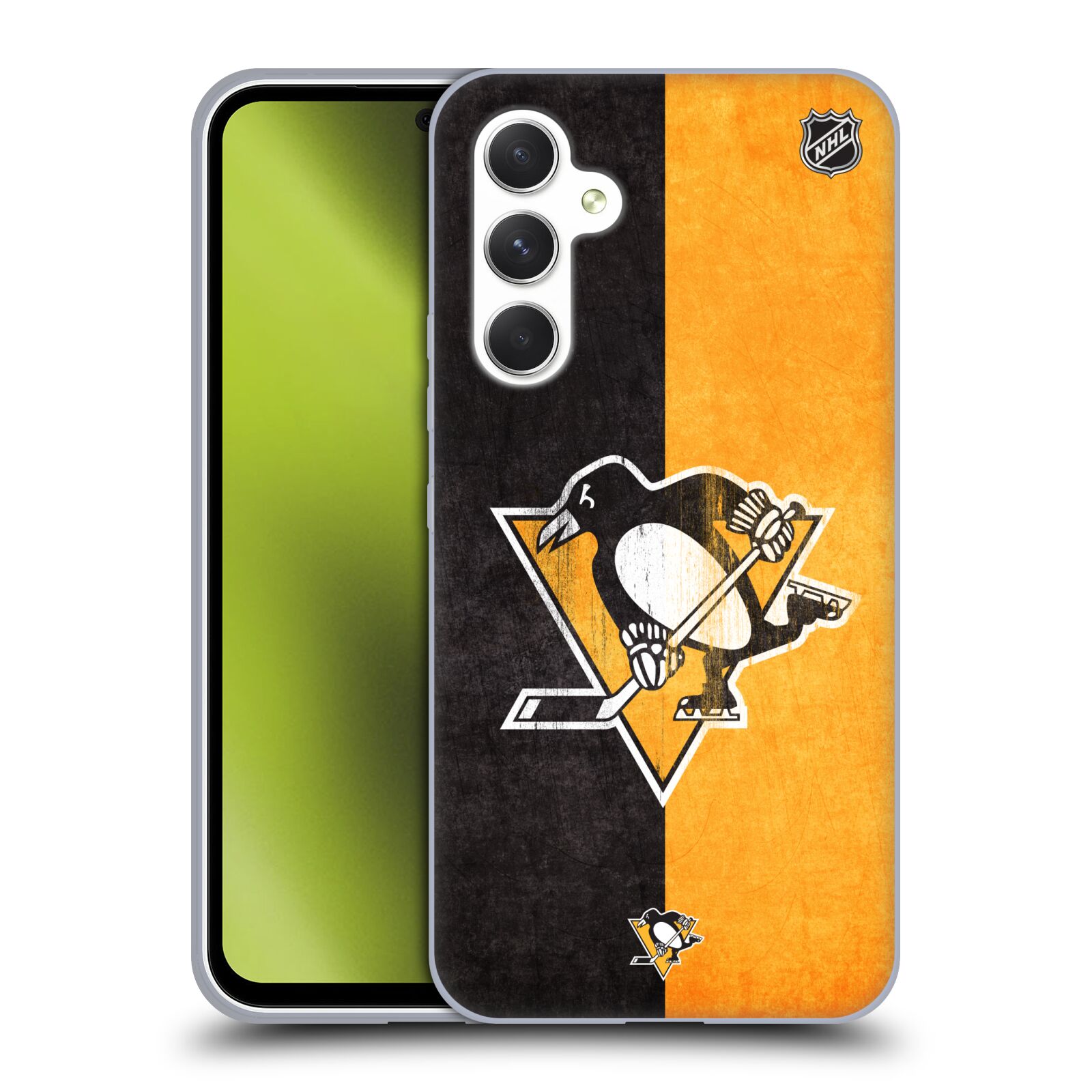 Silikonové pouzdro na mobil Samsung Galaxy A54 5G - NHL - Půlené logo Pittsburgh Penguins (Silikonový kryt, obal, pouzdro na mobilní telefon Samsung Galaxy A54 5G s licencovaným motivem NHL - Půlené logo Pittsburgh Penguins)