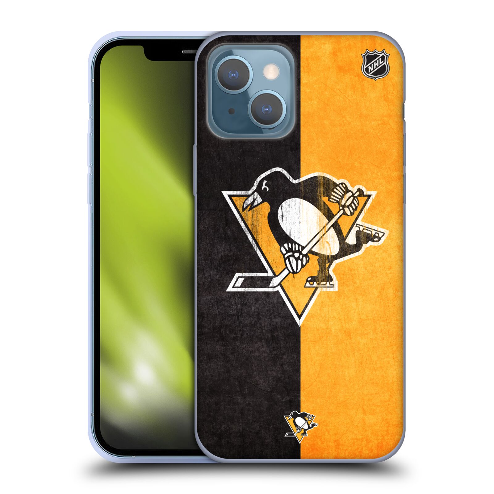 Silikonové pouzdro na mobil Apple iPhone 13 - NHL - Půlené logo Pittsburgh Penguins (Silikonový kryt, obal, pouzdro na mobilní telefon Apple iPhone 13 s licencovaným motivem NHL - Půlené logo Pittsburgh Penguins)