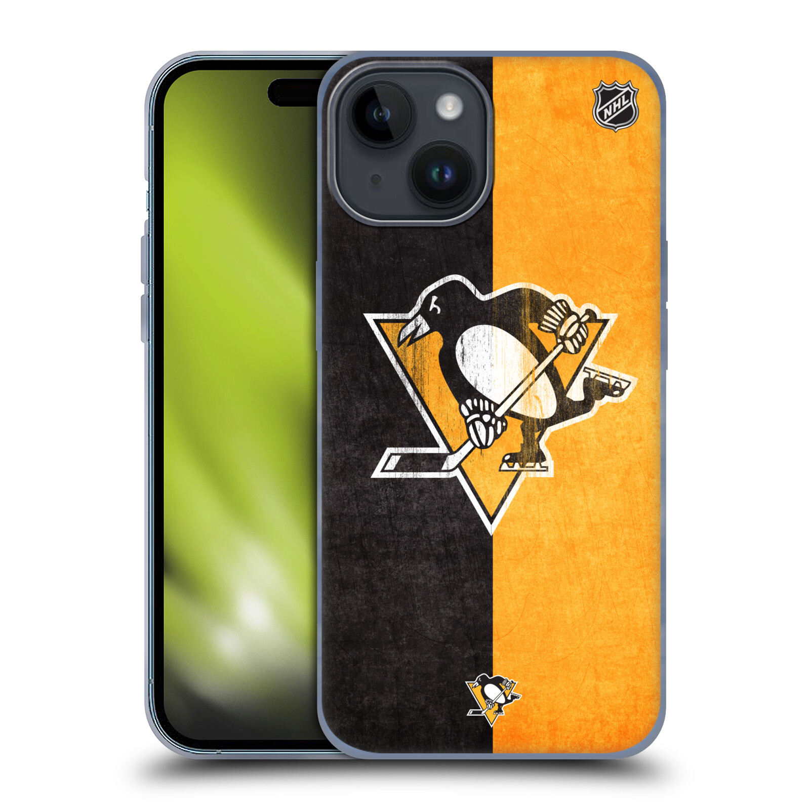 Silikonové lesklé pouzdro na mobil Apple iPhone 15 - NHL - Půlené logo Pittsburgh Penguins (Silikonový lesklý kryt, obal, pouzdro na mobilní telefon Apple iPhone 15 s licencovaným motivem NHL - Půlené logo Pittsburgh Penguins)