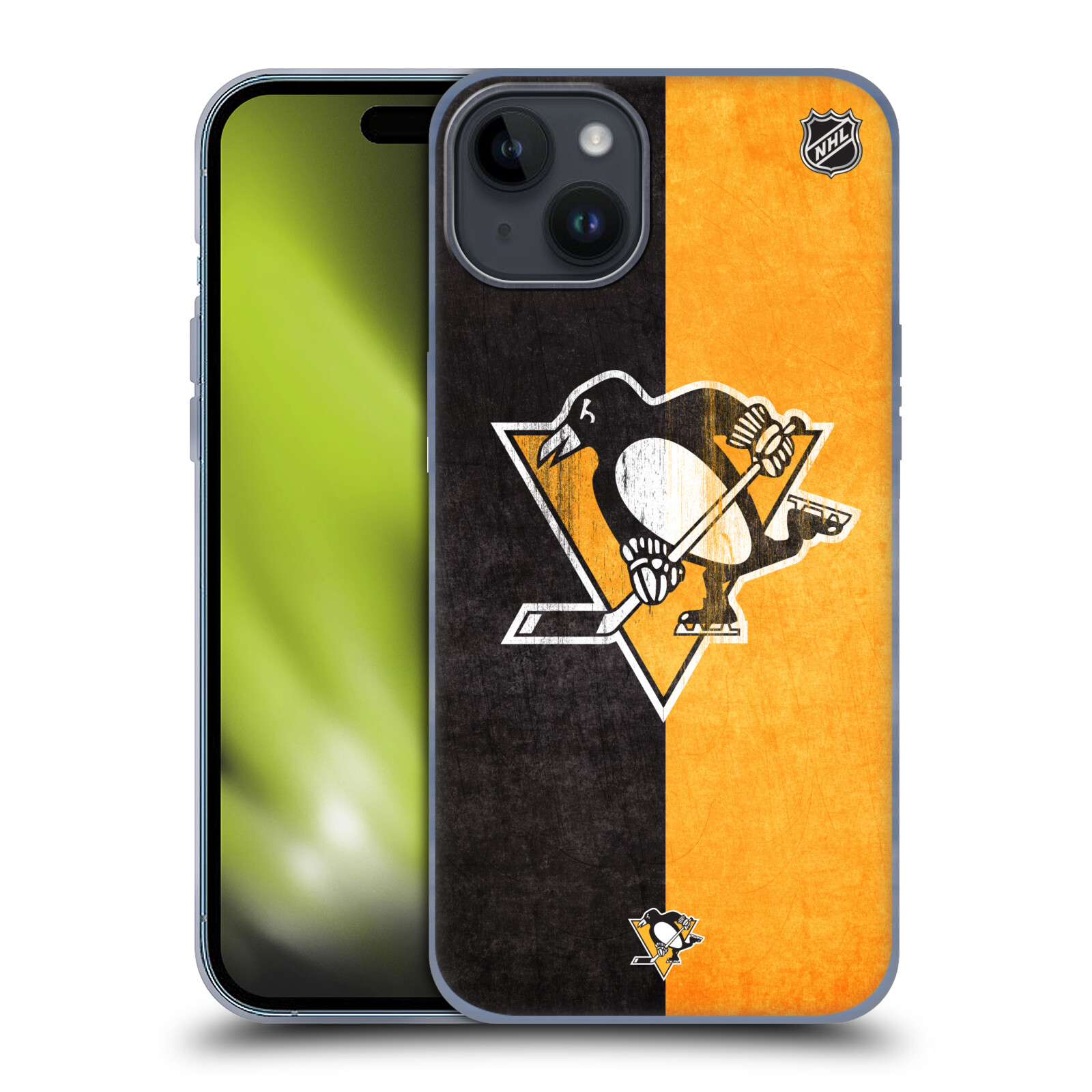 Silikonové lesklé pouzdro na mobil Apple iPhone 15 Plus - NHL - Půlené logo Pittsburgh Penguins (Silikonový lesklý kryt, obal, pouzdro na mobilní telefon Apple iPhone 15 Plus s licencovaným motivem NHL - Půlené logo Pittsburgh Penguins)