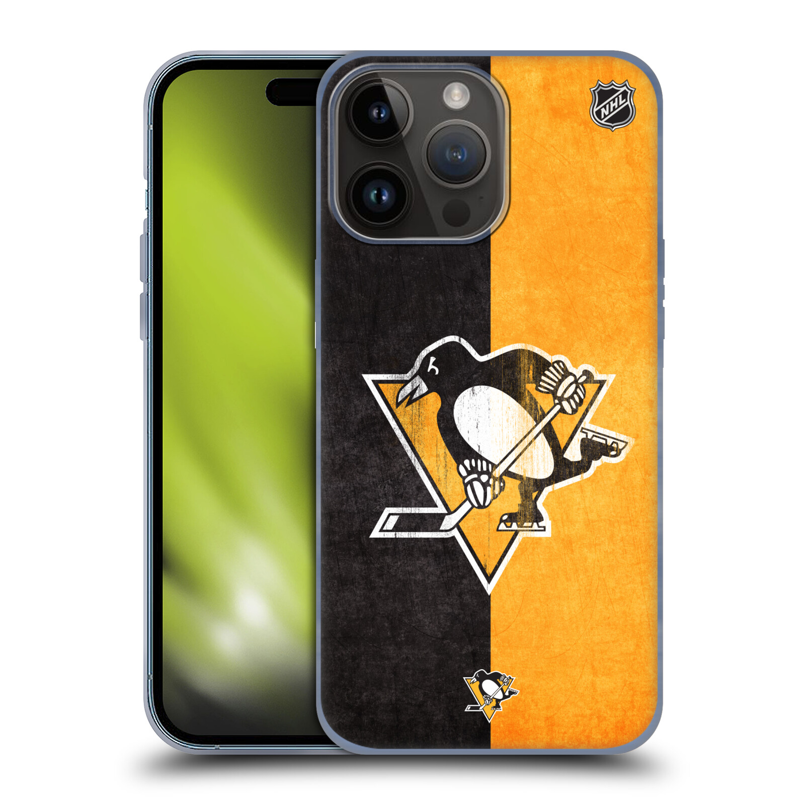 Silikonové lesklé pouzdro na mobil Apple iPhone 15 Pro Max - NHL - Půlené logo Pittsburgh Penguins (Silikonový lesklý kryt, obal, pouzdro na mobilní telefon Apple iPhone 15 Pro Max s licencovaným motivem NHL - Půlené logo Pittsburgh Penguins)