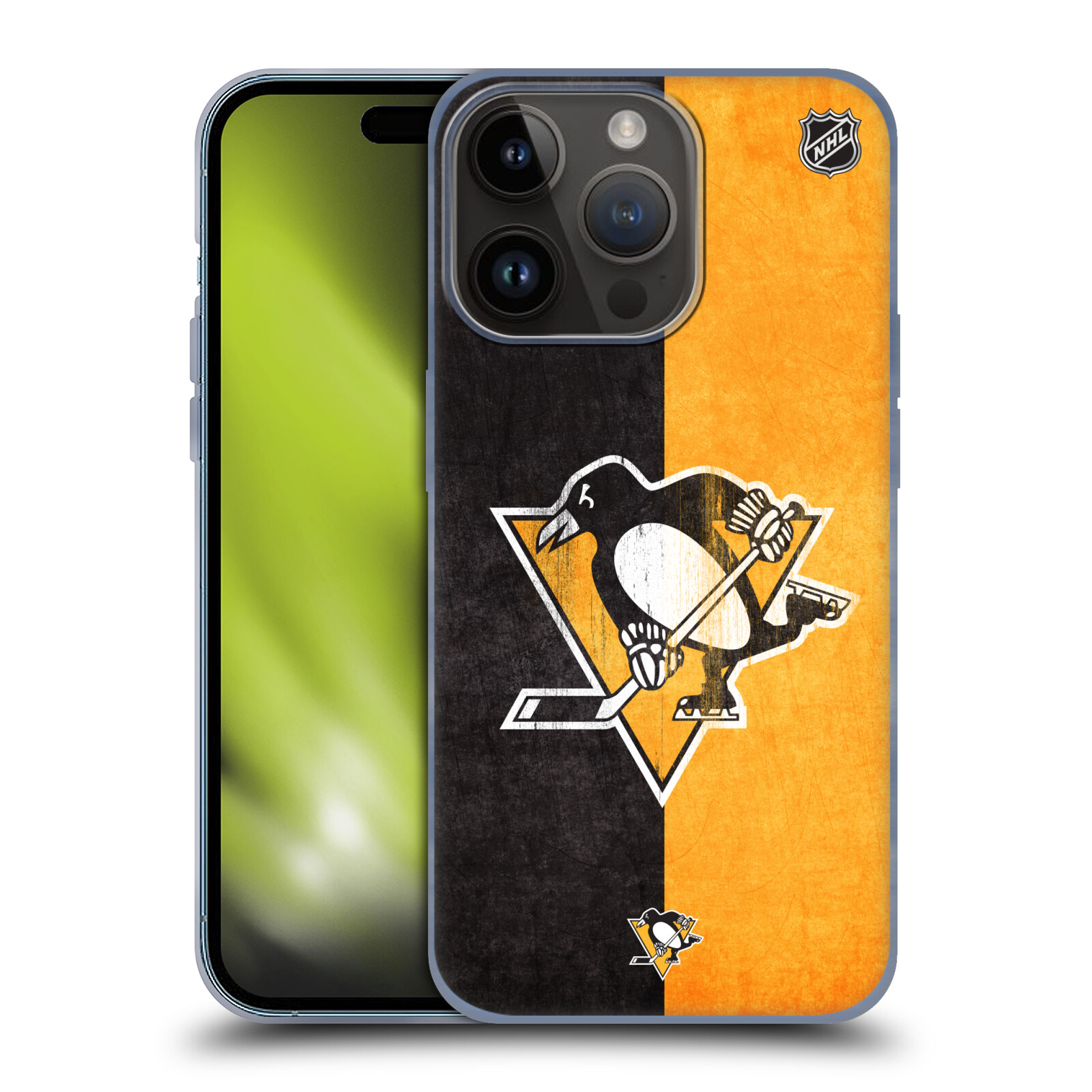 Silikonové lesklé pouzdro na mobil Apple iPhone 15 Pro - NHL - Půlené logo Pittsburgh Penguins (Silikonový lesklý kryt, obal, pouzdro na mobilní telefon Apple iPhone 15 Pro s licencovaným motivem NHL - Půlené logo Pittsburgh Penguins)