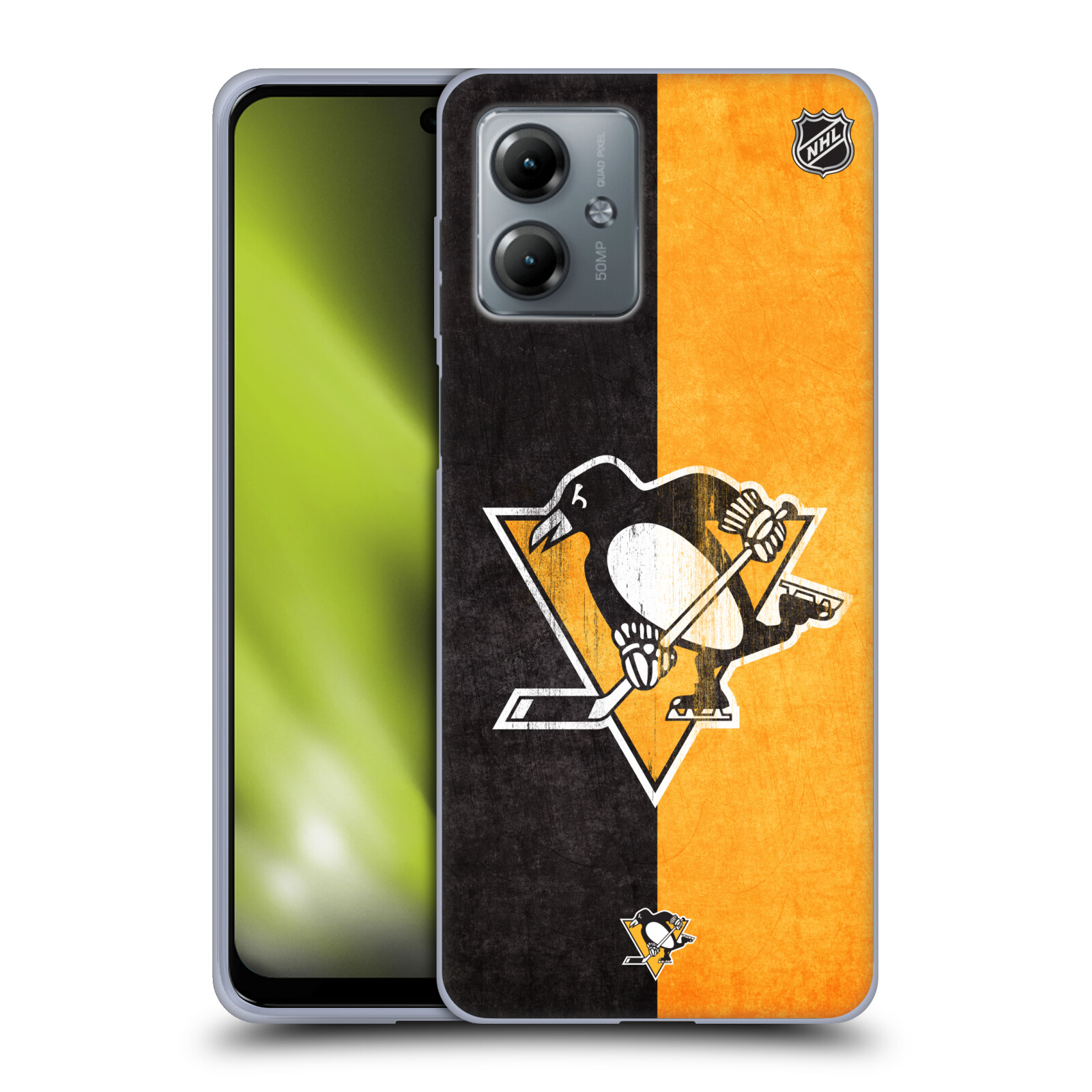 Silikonové pouzdro na mobil Motorola Moto G14 - NHL - Půlené logo Pittsburgh Penguins (Silikonový kryt, obal, pouzdro na mobilní telefon Motorola Moto G14 s licencovaným motivem NHL - Půlené logo Pittsburgh Penguins)
