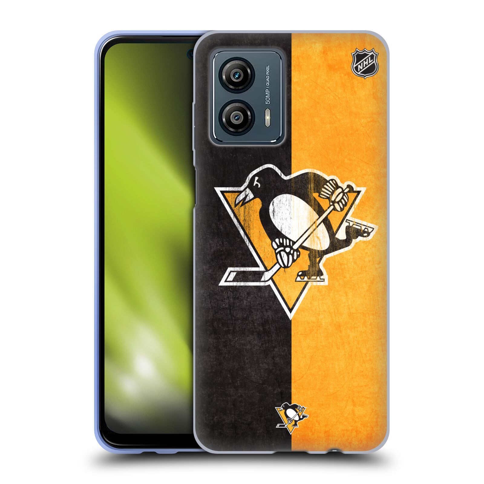 Silikonové pouzdro na mobil Motorola Moto G53 5G - NHL - Půlené logo Pittsburgh Penguins (Silikonový kryt, obal, pouzdro na mobilní telefon Motorola Moto G53 5G s licencovaným motivem NHL - Půlené logo Pittsburgh Penguins)