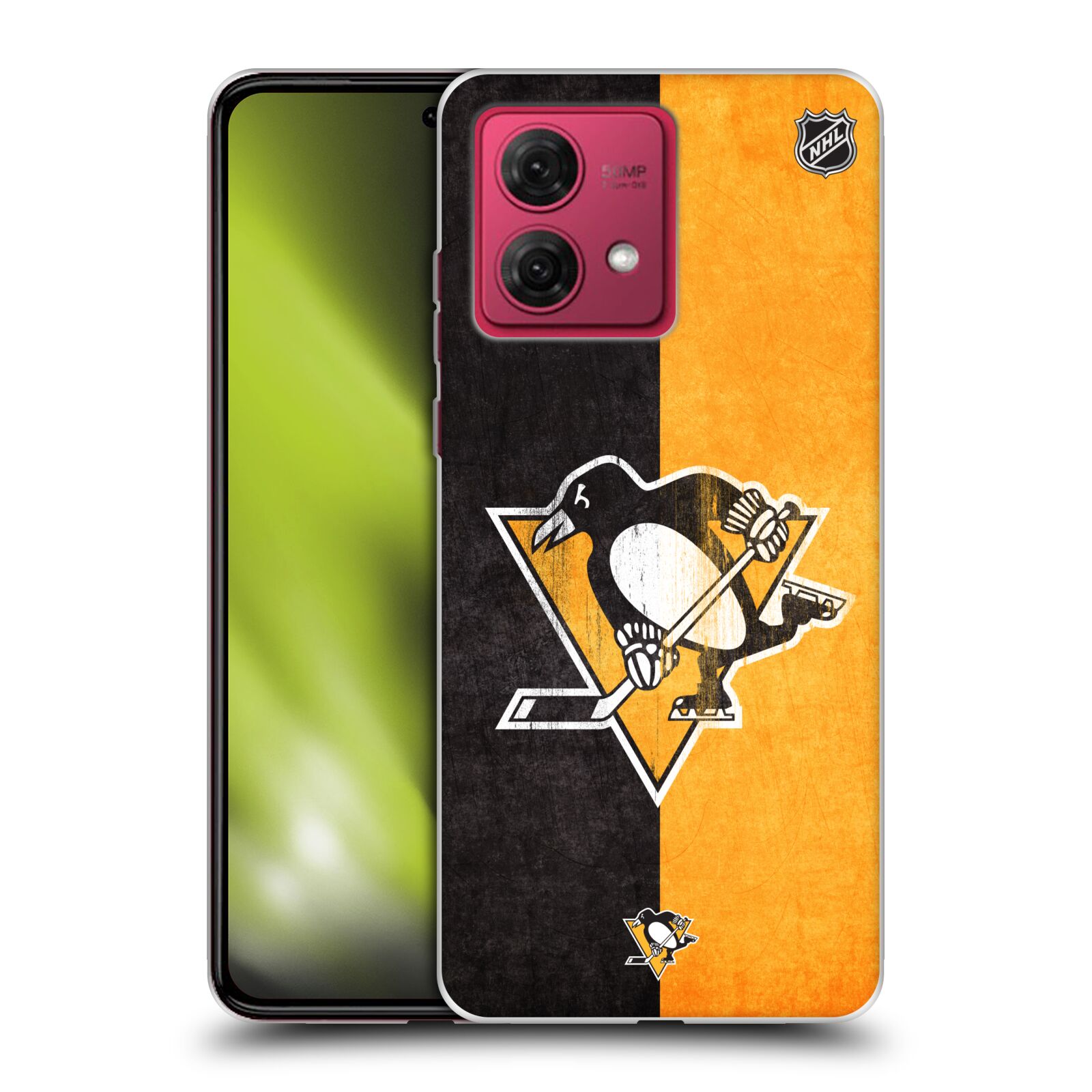 Silikonové pouzdro na mobil Motorola Moto G84 5G - NHL - Půlené logo Pittsburgh Penguins (Silikonový kryt, obal, pouzdro na mobilní telefon Motorola Moto G84 5G s licencovaným motivem NHL - Půlené logo Pittsburgh Penguins)