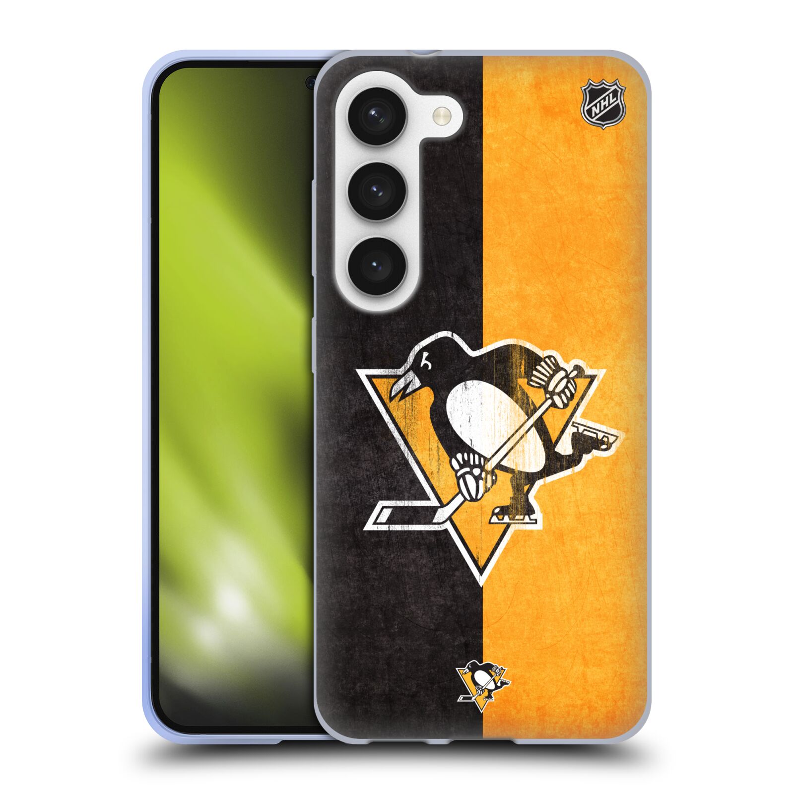 Silikonové pouzdro na mobil Samsung Galaxy S23 - NHL - Půlené logo Pittsburgh Penguins (Silikonový kryt, obal, pouzdro na mobilní telefon Samsung Galaxy S23 s licencovaným motivem NHL - Půlené logo Pittsburgh Penguins)