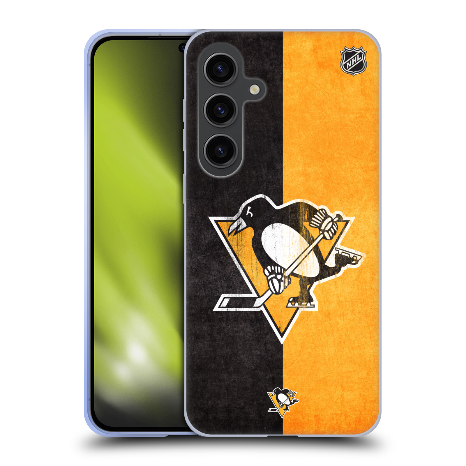 Silikonové lesklé pouzdro na mobil Samsung Galaxy S24 Plus - NHL - Půlené logo Pittsburgh Penguins (Silikonový kryt, obal, pouzdro na mobilní telefon Samsung Galaxy S24 Plus s licencovaným motivem NHL - Půlené logo Pittsburgh Penguins)