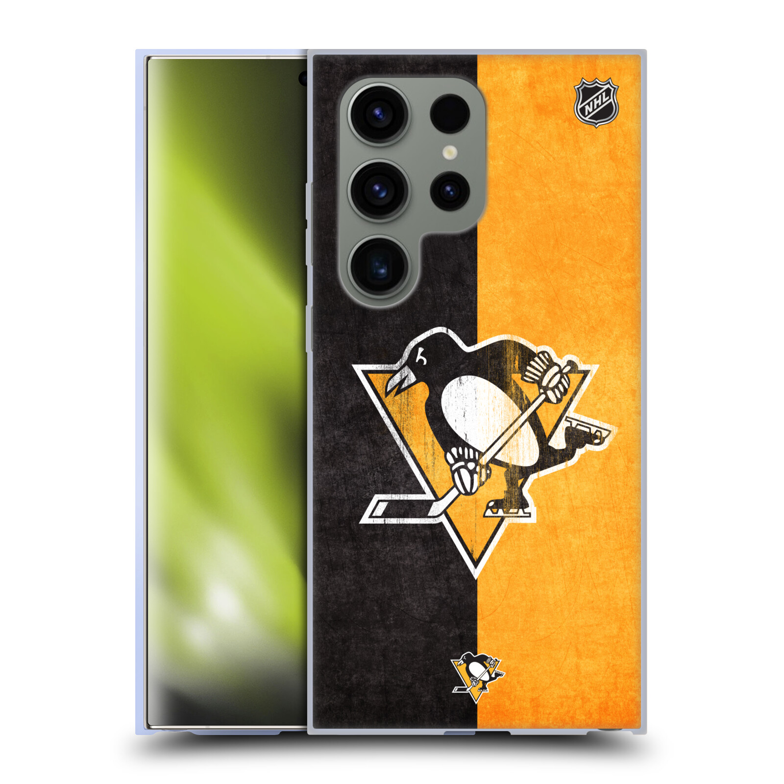 Silikonové lesklé pouzdro na mobil Samsung Galaxy S24 Ultra - NHL - Půlené logo Pittsburgh Penguins (Silikonový kryt, obal, pouzdro na mobilní telefon Samsung Galaxy S24 Ultra s licencovaným motivem NHL - Půlené logo Pittsburgh Penguins)