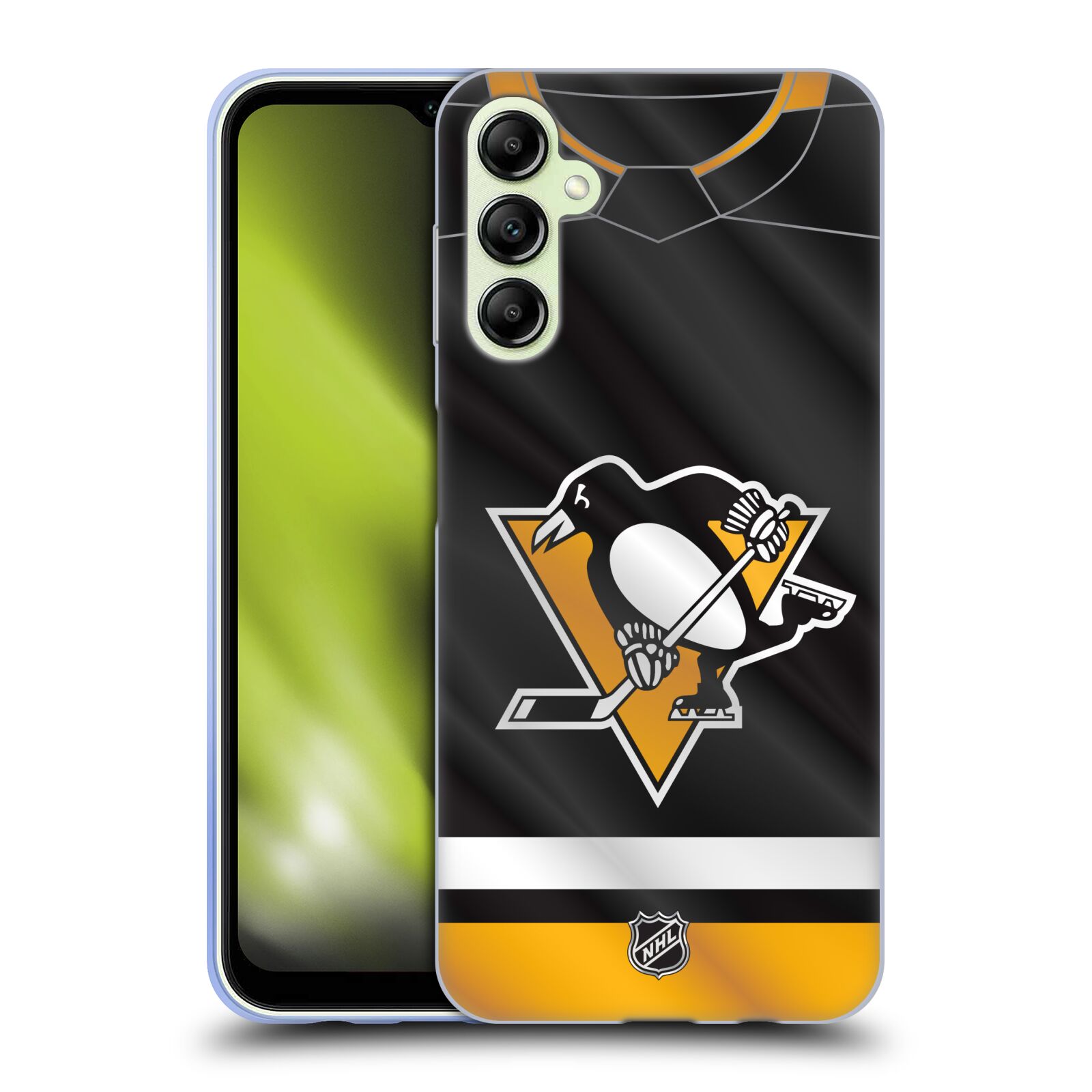 Silikonové pouzdro na mobil Samsung Galaxy A14 5G / LTE - NHL - Dres Pittsburgh Penguins (Silikonový kryt, obal, pouzdro na mobilní telefon Samsung Galaxy A14 5G / LTE s licencovaným motivem NHL - Dres Pittsburgh Penguins)
