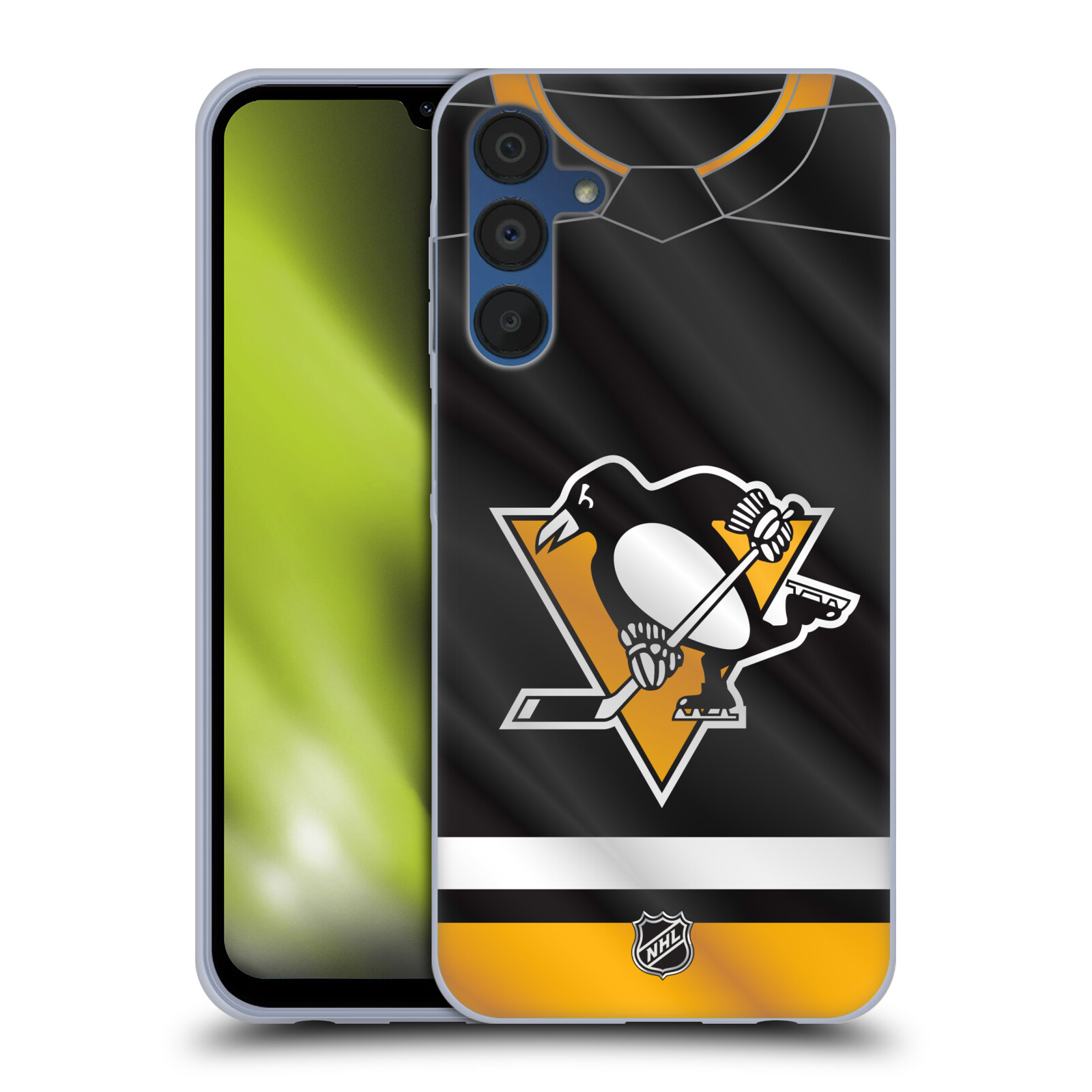 Silikonové pouzdro na mobil Samsung Galaxy A15 / A15 5G - NHL - Dres Pittsburgh Penguins (Silikonový kryt, obal, pouzdro na mobilní telefon Samsung Galaxy A15 / A15 5G s licencovaným motivem NHL - Dres Pittsburgh Penguins)