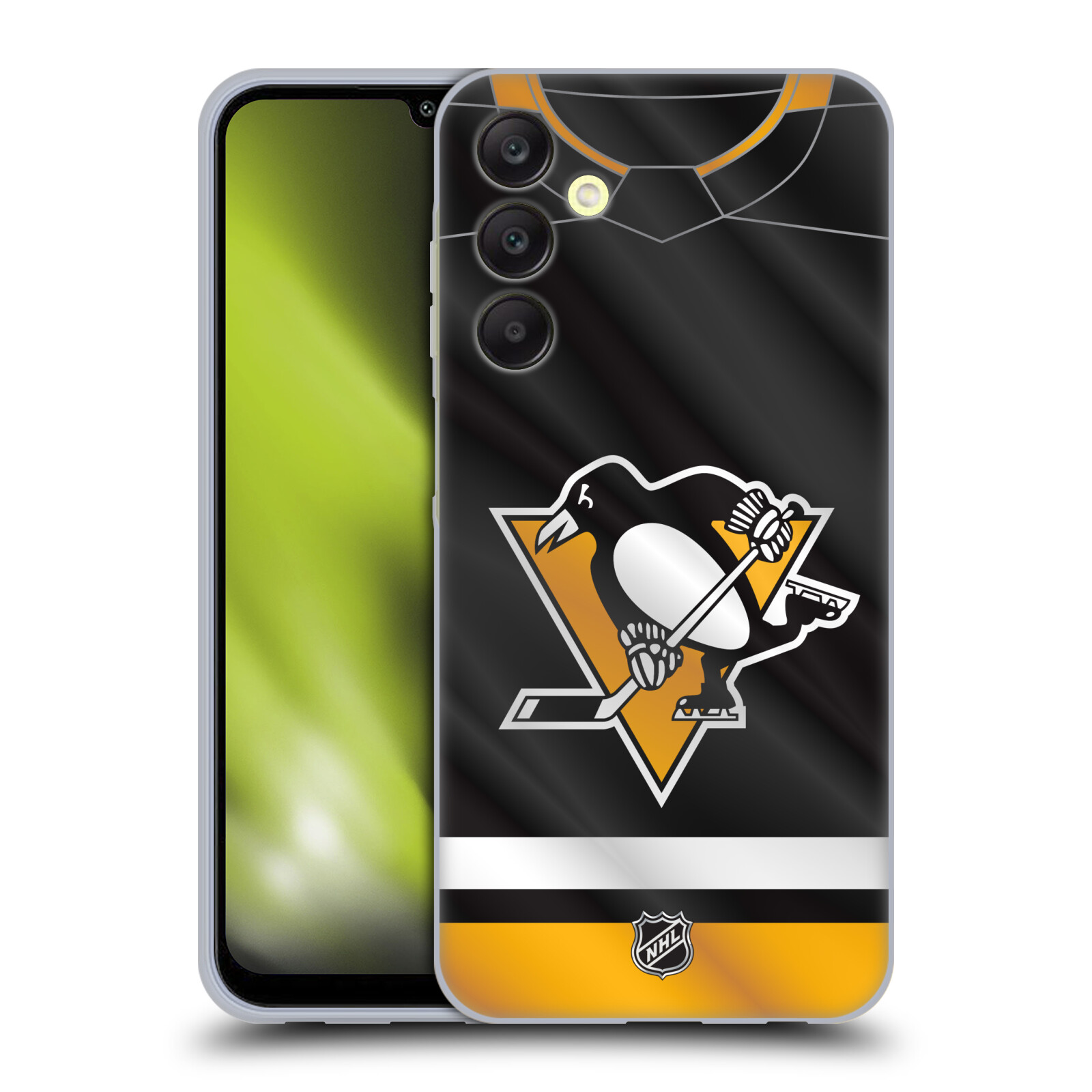 Silikonové pouzdro na mobil Samsung Galaxy A25 5G - NHL - Dres Pittsburgh Penguins (Silikonový kryt, obal, pouzdro na mobilní telefon Samsung Galaxy A25 5G s licencovaným motivem NHL - Dres Pittsburgh Penguins)