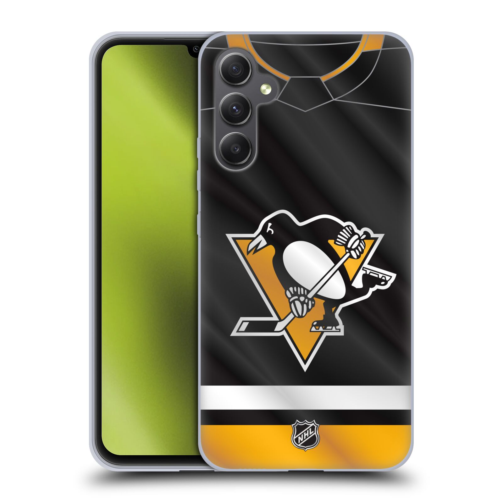 Silikonové pouzdro na mobil Samsung Galaxy A34 5G - NHL - Dres Pittsburgh Penguins (Silikonový kryt, obal, pouzdro na mobilní telefon Samsung Galaxy A34 5G s licencovaným motivem NHL - Dres Pittsburgh Penguins)