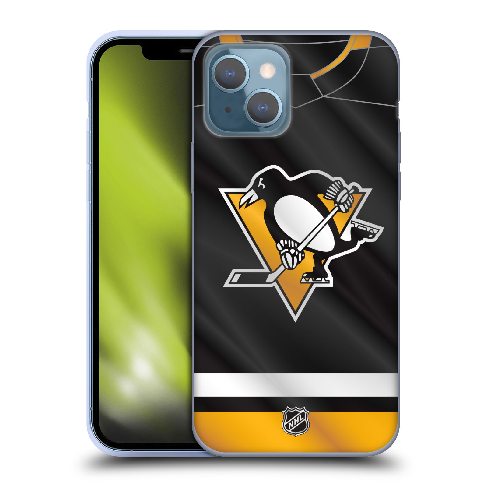 Silikonové pouzdro na mobil Apple iPhone 13 - NHL - Dres Pittsburgh Penguins (Silikonový kryt, obal, pouzdro na mobilní telefon Apple iPhone 13 s licencovaným motivem NHL - Dres Pittsburgh Penguins)