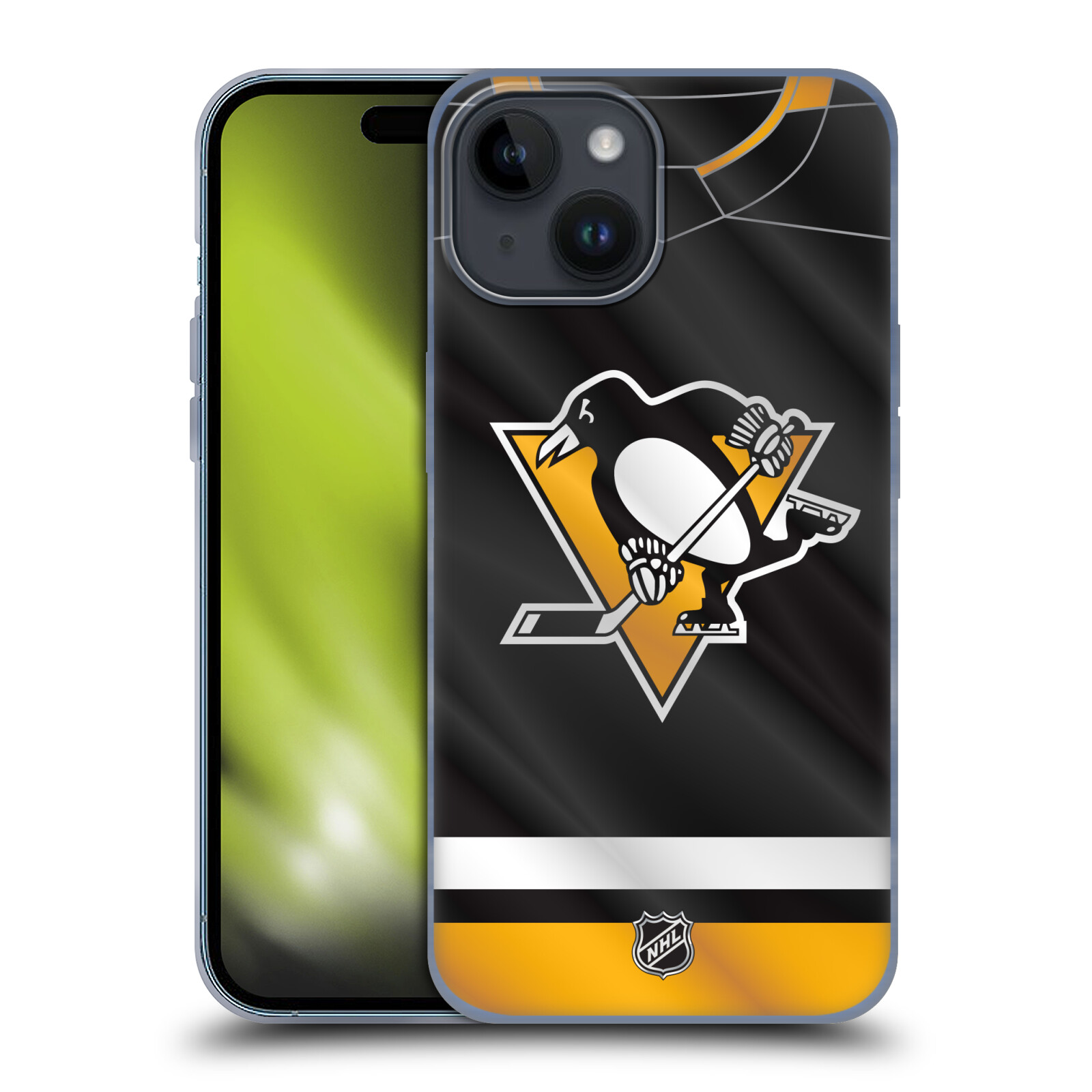 Silikonové lesklé pouzdro na mobil Apple iPhone 15 - NHL - Dres Pittsburgh Penguins (Silikonový lesklý kryt, obal, pouzdro na mobilní telefon Apple iPhone 15 s licencovaným motivem NHL - Dres Pittsburgh Penguins)