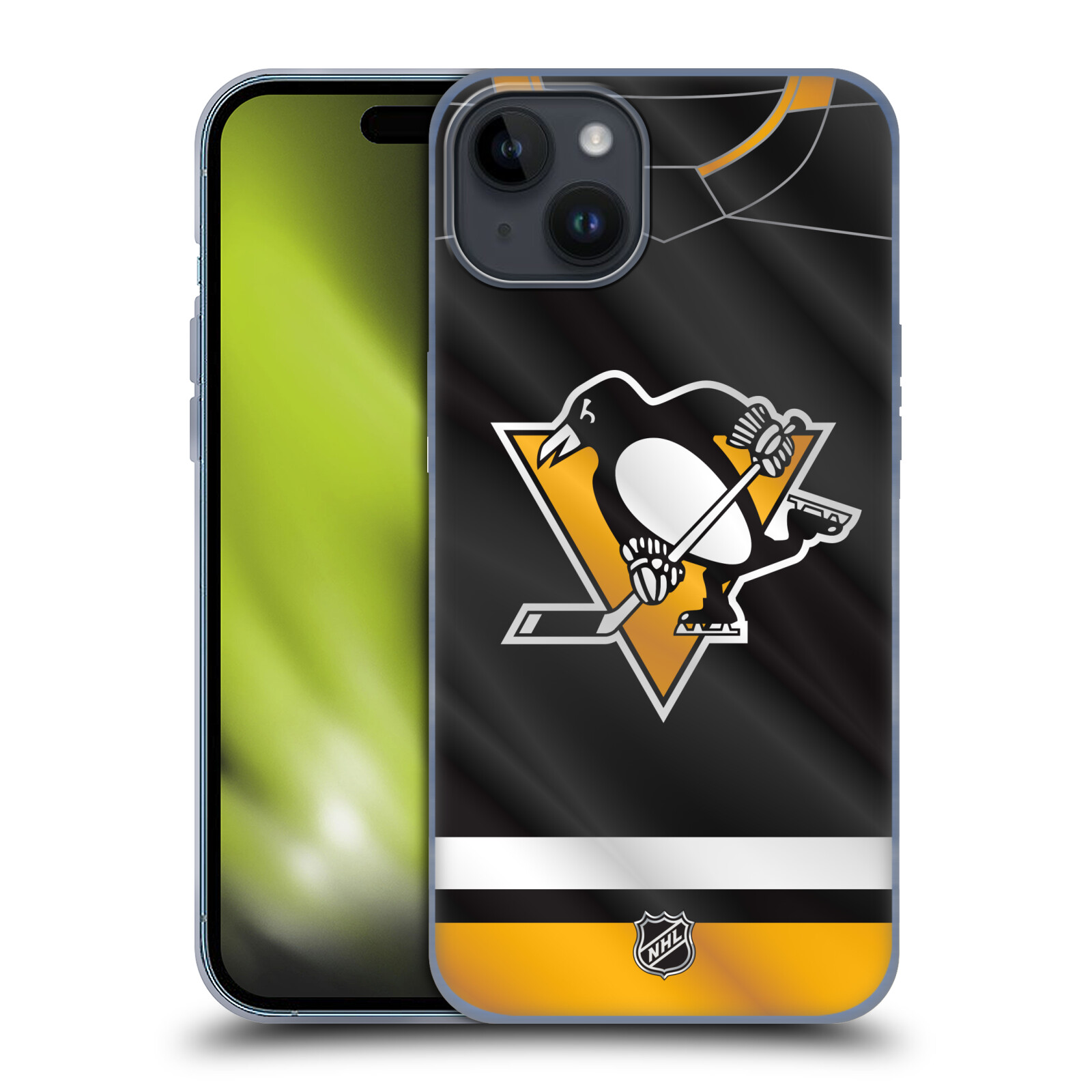 Silikonové lesklé pouzdro na mobil Apple iPhone 15 Plus - NHL - Dres Pittsburgh Penguins (Silikonový lesklý kryt, obal, pouzdro na mobilní telefon Apple iPhone 15 Plus s licencovaným motivem NHL - Dres Pittsburgh Penguins)