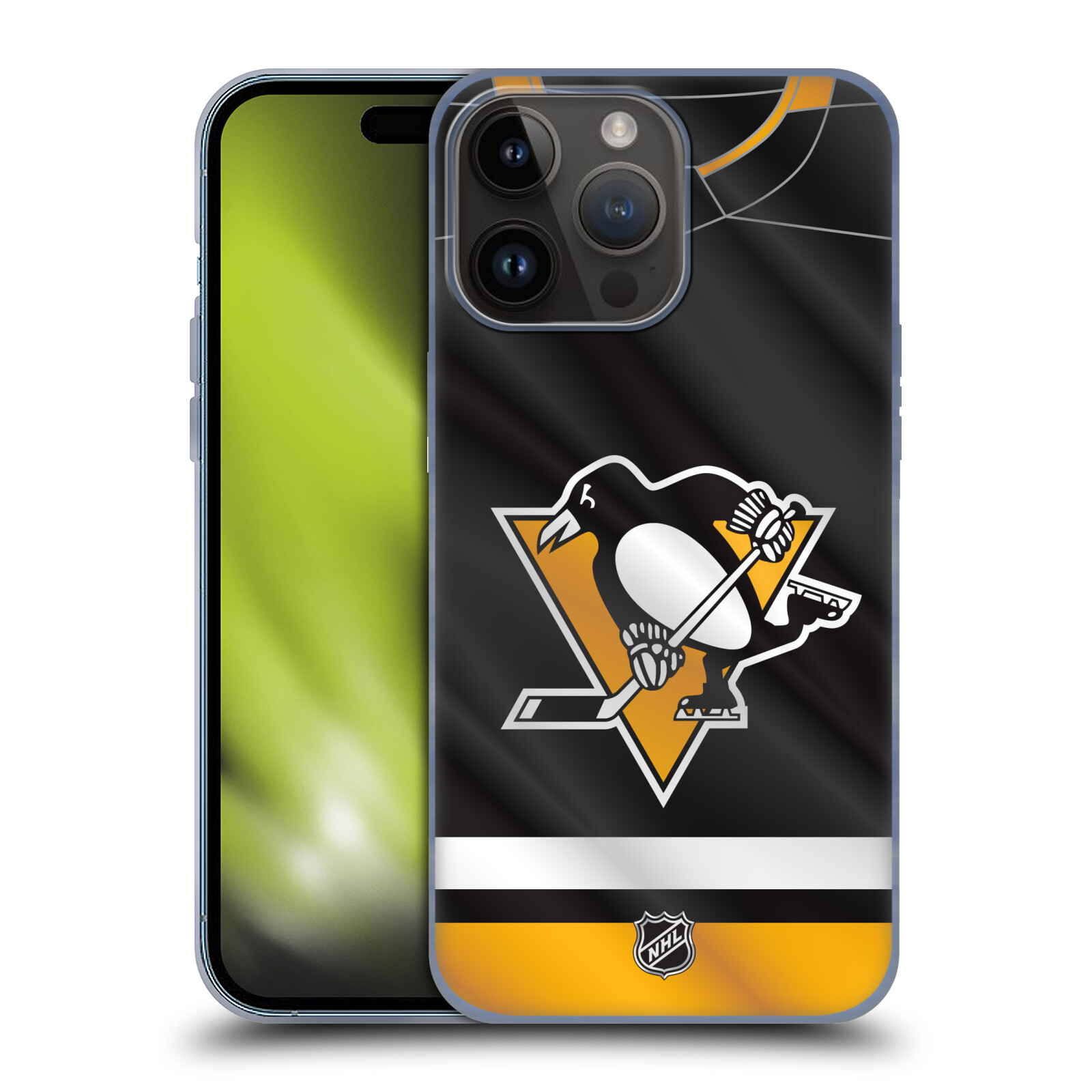 Silikonové lesklé pouzdro na mobil Apple iPhone 15 Pro Max - NHL - Dres Pittsburgh Penguins (Silikonový lesklý kryt, obal, pouzdro na mobilní telefon Apple iPhone 15 Pro Max s licencovaným motivem NHL - Dres Pittsburgh Penguins)