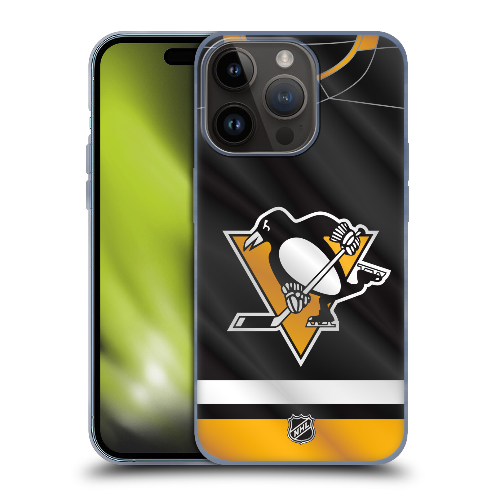 Silikonové lesklé pouzdro na mobil Apple iPhone 15 Pro - NHL - Dres Pittsburgh Penguins (Silikonový lesklý kryt, obal, pouzdro na mobilní telefon Apple iPhone 15 Pro s licencovaným motivem NHL - Dres Pittsburgh Penguins)
