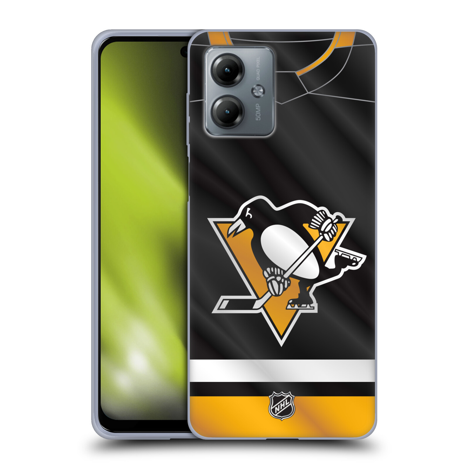 Silikonové pouzdro na mobil Motorola Moto G14 - NHL - Dres Pittsburgh Penguins (Silikonový kryt, obal, pouzdro na mobilní telefon Motorola Moto G14 s licencovaným motivem NHL - Dres Pittsburgh Penguins)