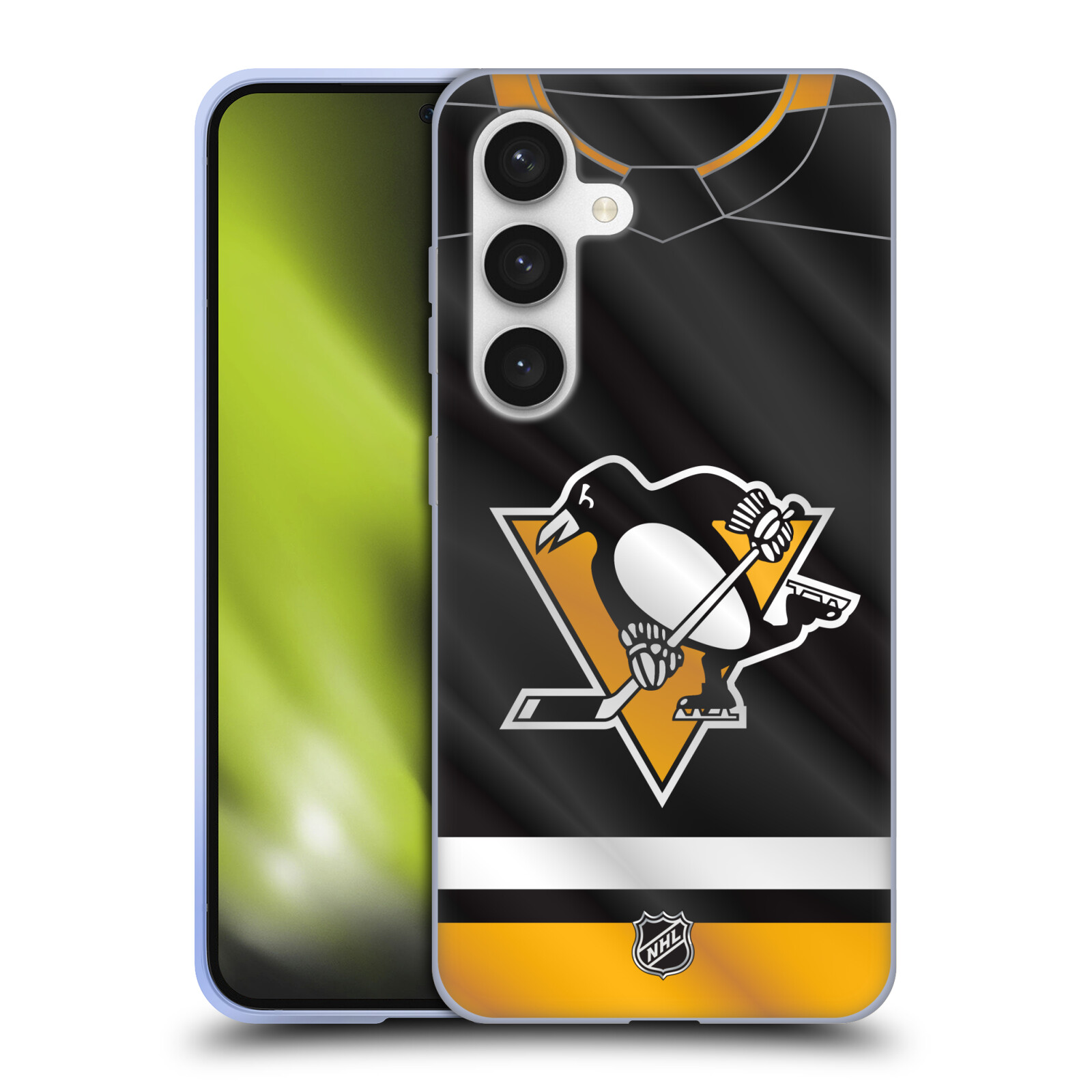 Silikonové lesklé pouzdro na mobil Samsung Galaxy S24 - NHL - Dres Pittsburgh Penguins (Silikonový kryt, obal, pouzdro na mobilní telefon Samsung Galaxy S24 s licencovaným motivem NHL - Dres Pittsburgh Penguins)
