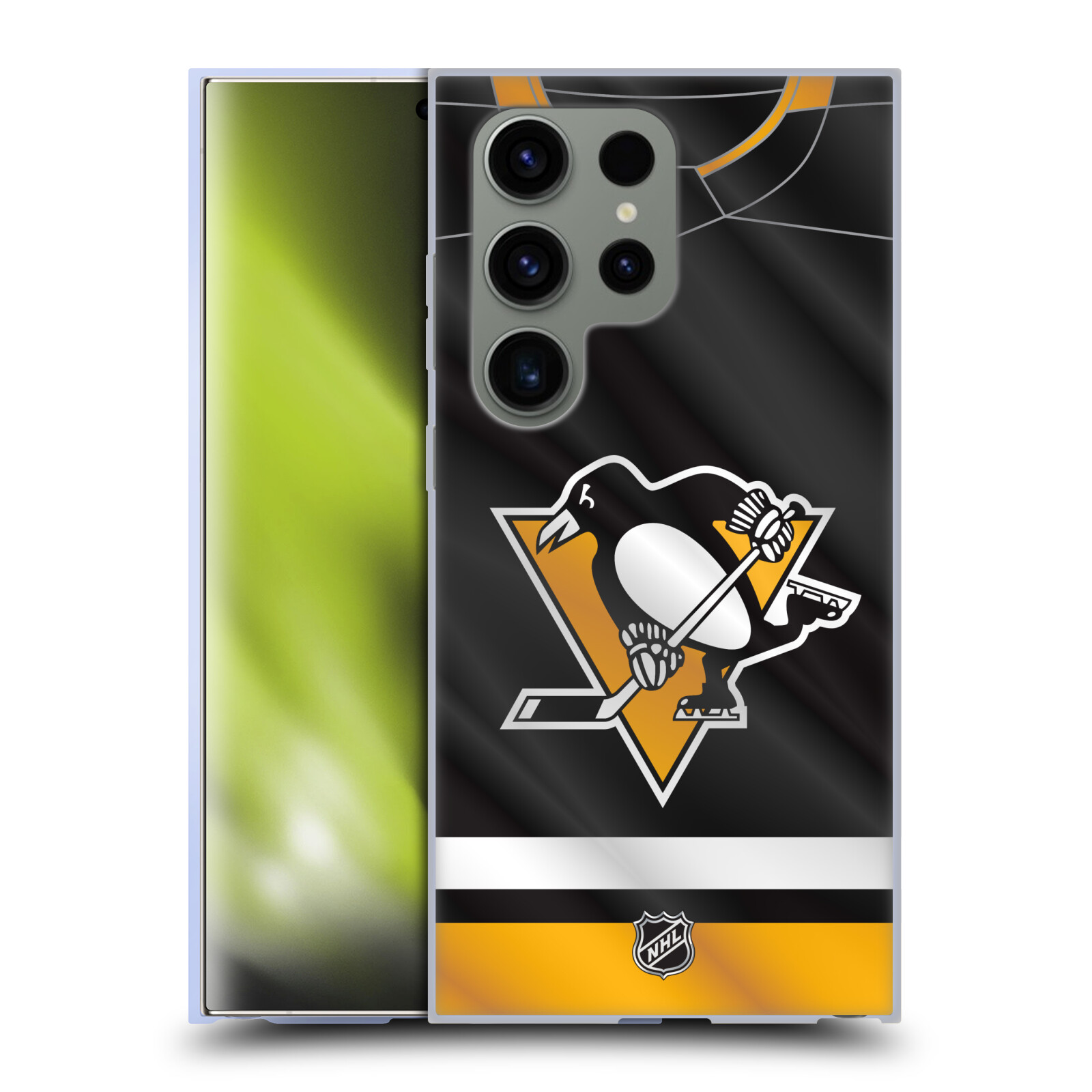 Silikonové lesklé pouzdro na mobil Samsung Galaxy S24 Ultra - NHL - Dres Pittsburgh Penguins (Silikonový kryt, obal, pouzdro na mobilní telefon Samsung Galaxy S24 Ultra s licencovaným motivem NHL - Dres Pittsburgh Penguins)