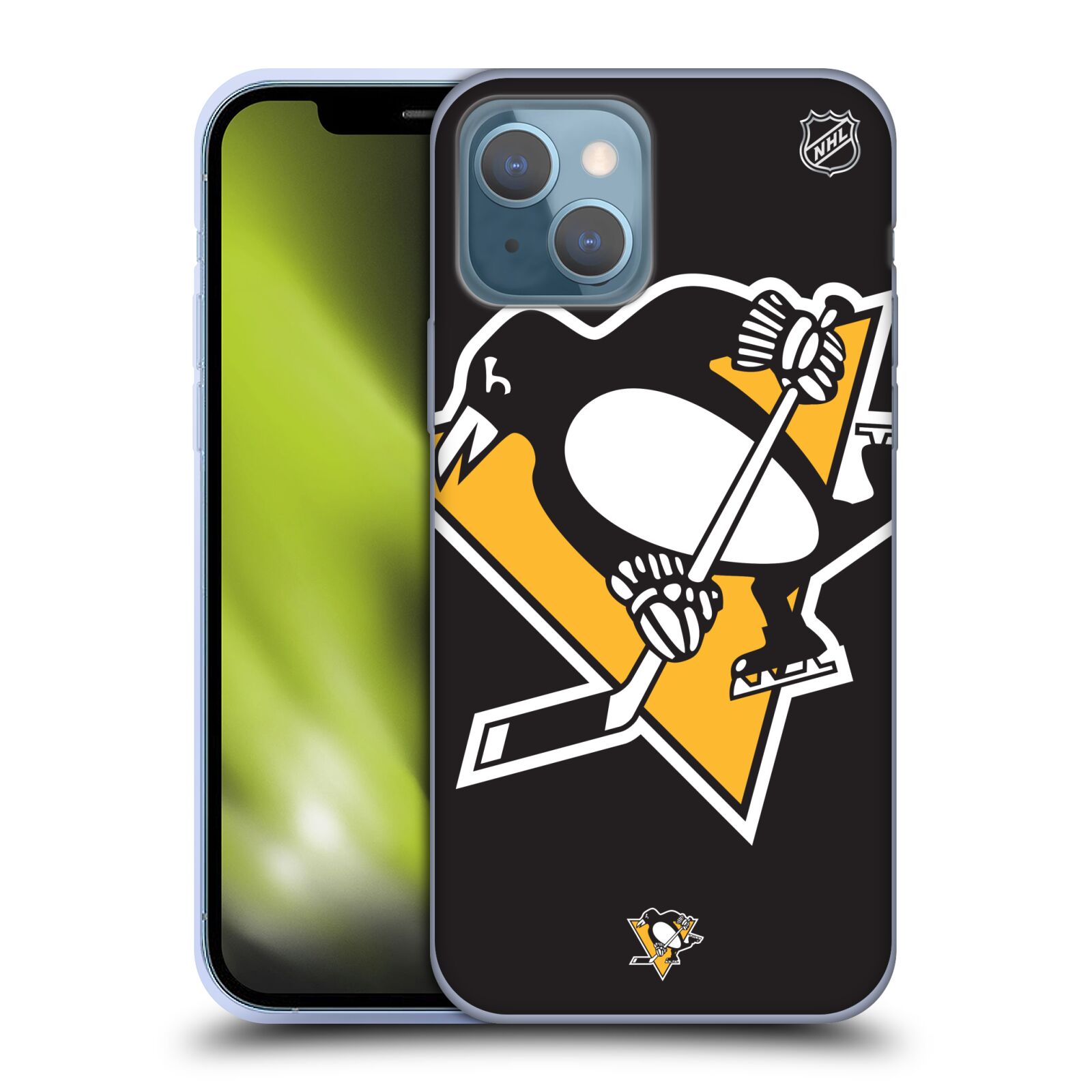 Silikonové pouzdro na mobil Apple iPhone 13 - NHL - Velké logo Pittsburgh Penguins (Silikonový kryt, obal, pouzdro na mobilní telefon Apple iPhone 13 s licencovaným motivem NHL - Velké logo Pittsburgh Penguins)