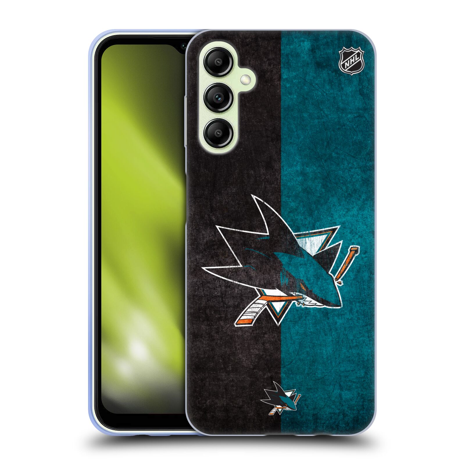 Silikonové pouzdro na mobil Samsung Galaxy A14 5G / LTE - NHL - Půlené logo San Jose Sharks (Silikonový kryt, obal, pouzdro na mobilní telefon Samsung Galaxy A14 5G / LTE s licencovaným motivem NHL - Půlené logo San Jose Sharks)