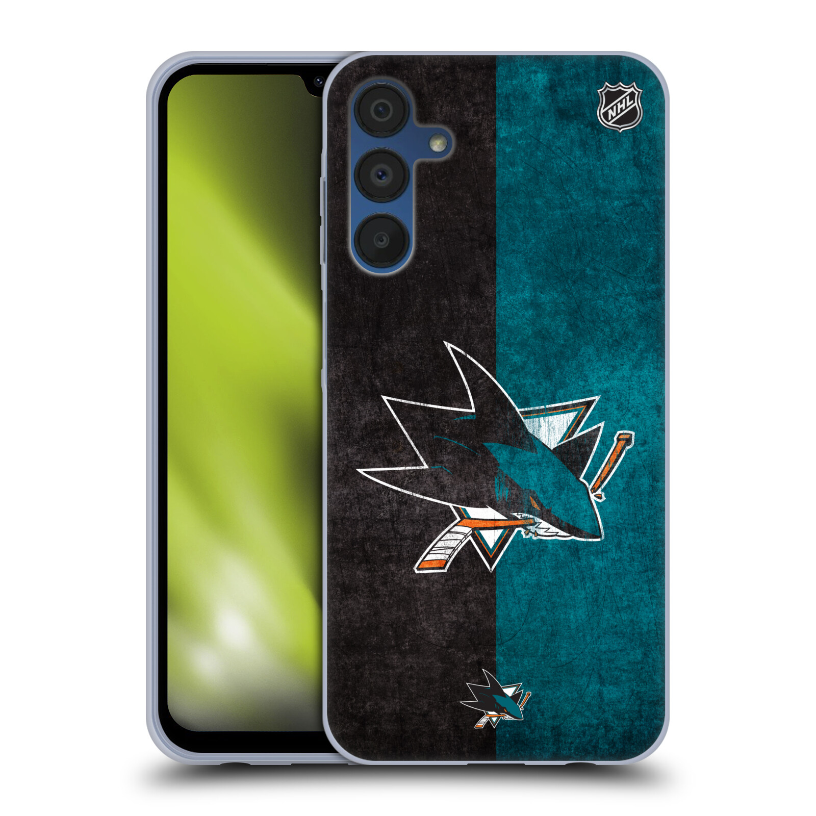 Silikonové pouzdro na mobil Samsung Galaxy A15 / A15 5G - NHL - Půlené logo San Jose Sharks (Silikonový kryt, obal, pouzdro na mobilní telefon Samsung Galaxy A15 / A15 5G s licencovaným motivem NHL - Půlené logo San Jose Sharks)