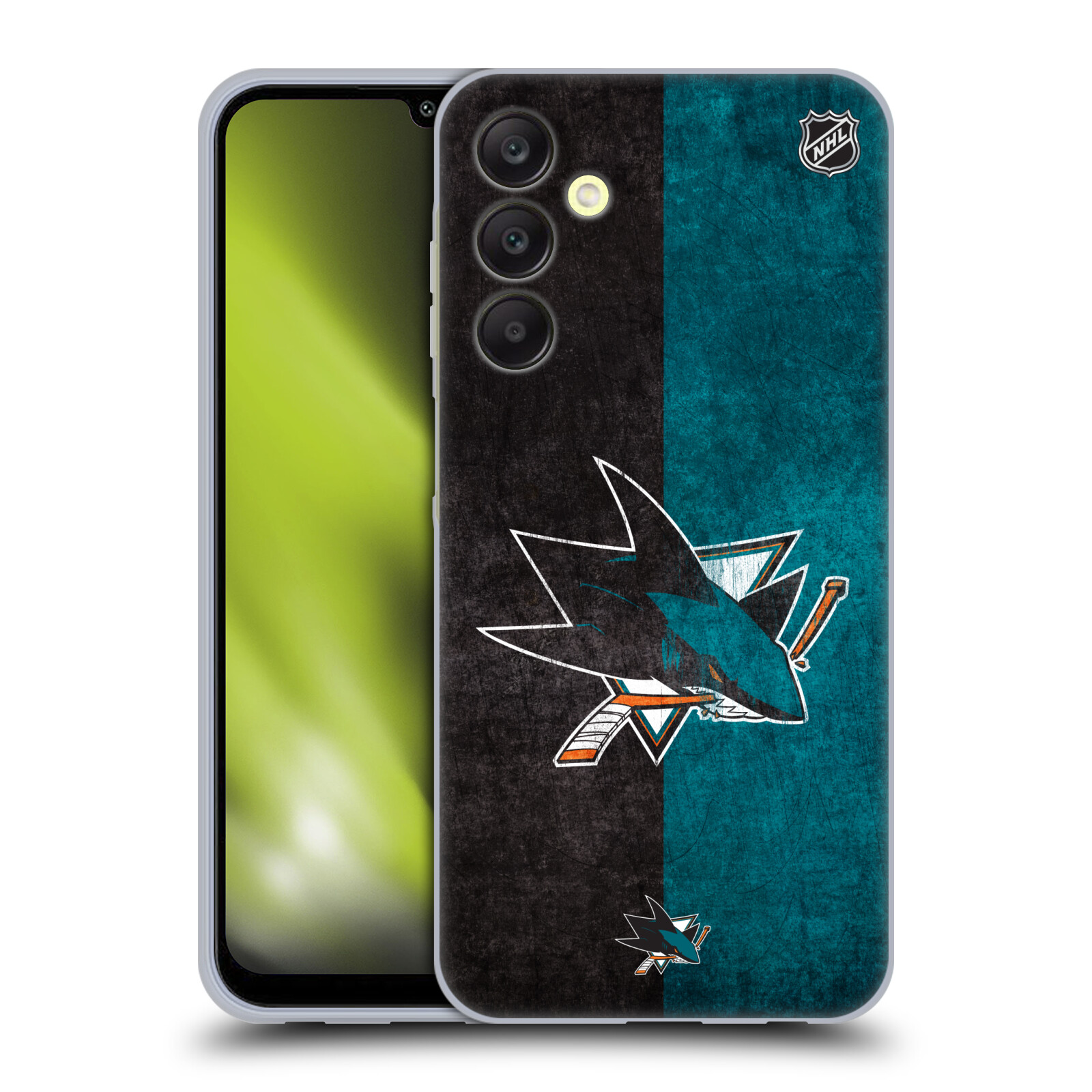 Silikonové pouzdro na mobil Samsung Galaxy A25 5G - NHL - Půlené logo San Jose Sharks (Silikonový kryt, obal, pouzdro na mobilní telefon Samsung Galaxy A25 5G s licencovaným motivem NHL - Půlené logo San Jose Sharks)