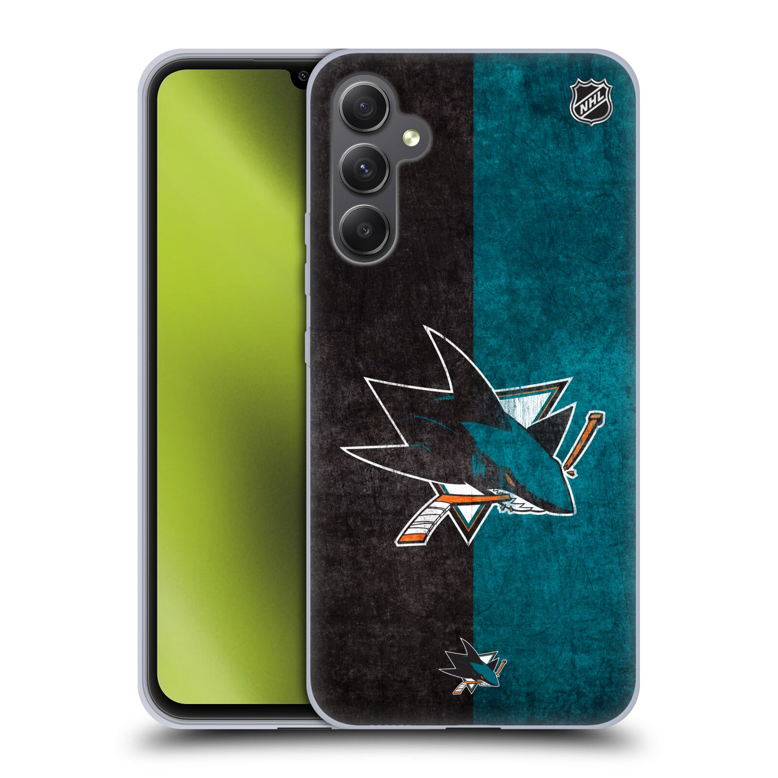 Silikonové pouzdro na mobil Samsung Galaxy A34 5G - NHL - Půlené logo San Jose Sharks (Silikonový kryt, obal, pouzdro na mobilní telefon Samsung Galaxy A34 5G s licencovaným motivem NHL - Půlené logo San Jose Sharks)
