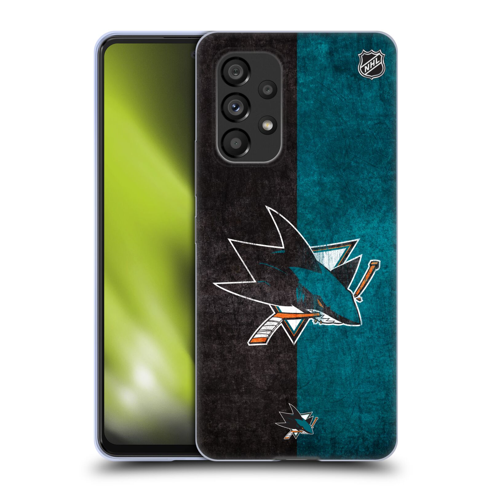 Silikonové pouzdro na mobil Samsung Galaxy A53 5G - NHL - Půlené logo San Jose Sharks (Silikonový kryt, obal, pouzdro na mobilní telefon Samsung Galaxy A53 5G s licencovaným motivem NHL - Půlené logo San Jose Sharks)