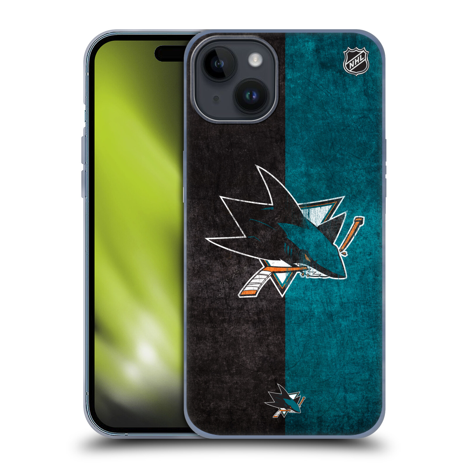 Silikonové lesklé pouzdro na mobil Apple iPhone 15 Plus - NHL - Půlené logo San Jose Sharks (Silikonový lesklý kryt, obal, pouzdro na mobilní telefon Apple iPhone 15 Plus s licencovaným motivem NHL - Půlené logo San Jose Sharks)