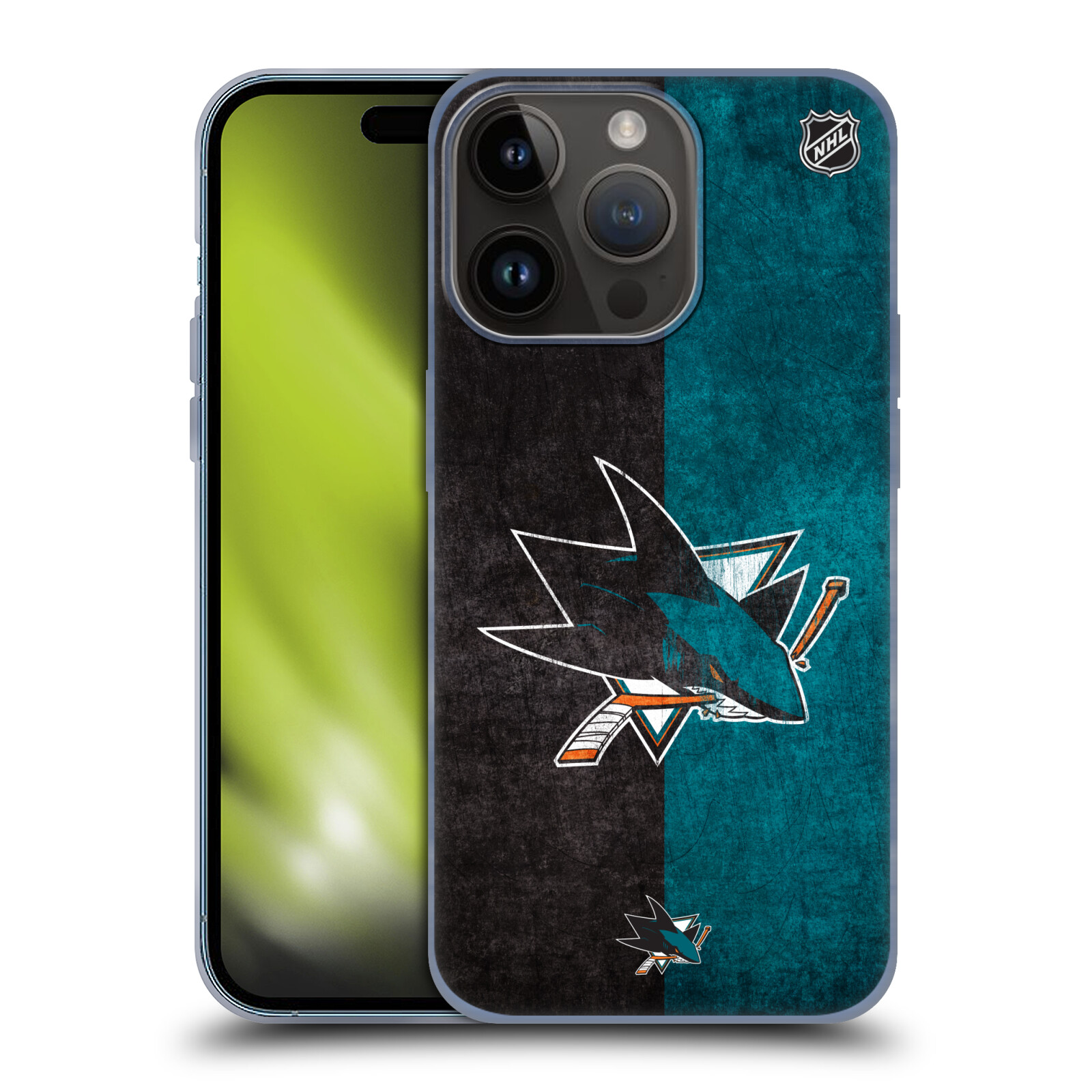 Silikonové lesklé pouzdro na mobil Apple iPhone 15 Pro - NHL - Půlené logo San Jose Sharks (Silikonový lesklý kryt, obal, pouzdro na mobilní telefon Apple iPhone 15 Pro s licencovaným motivem NHL - Půlené logo San Jose Sharks)