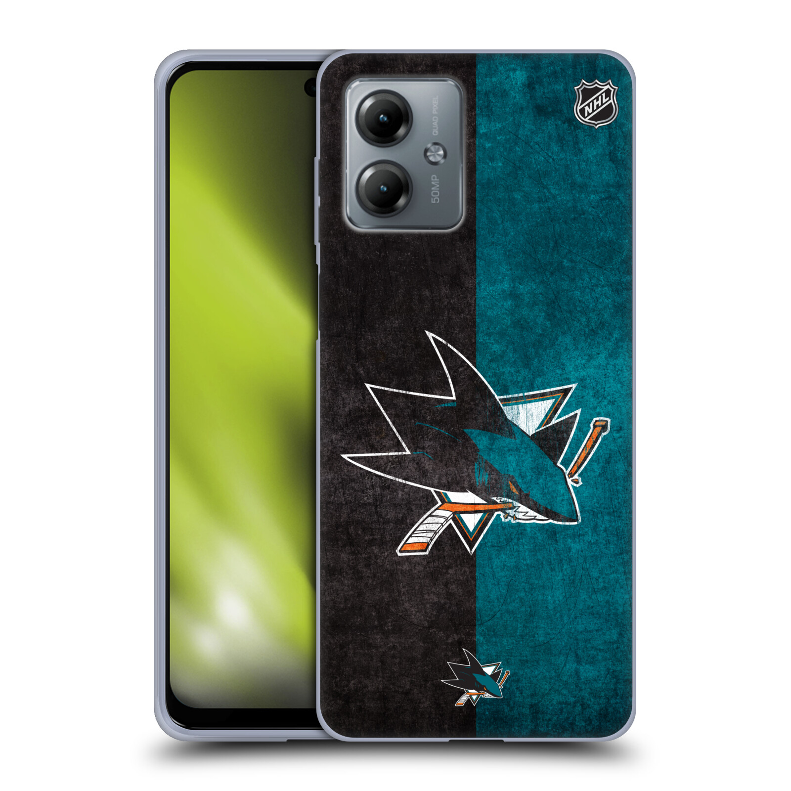 Silikonové pouzdro na mobil Motorola Moto G14 - NHL - Půlené logo San Jose Sharks (Silikonový kryt, obal, pouzdro na mobilní telefon Motorola Moto G14 s licencovaným motivem NHL - Půlené logo San Jose Sharks)