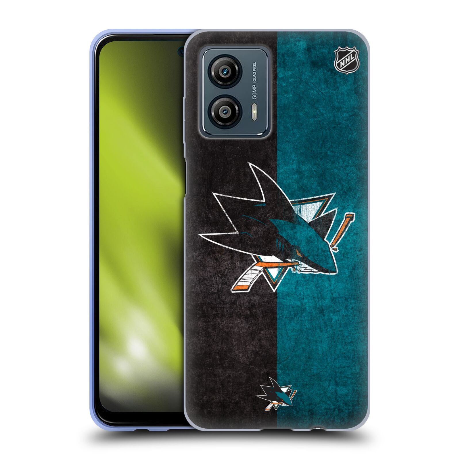 Silikonové pouzdro na mobil Motorola Moto G53 5G - NHL - Půlené logo San Jose Sharks (Silikonový kryt, obal, pouzdro na mobilní telefon Motorola Moto G53 5G s licencovaným motivem NHL - Půlené logo San Jose Sharks)