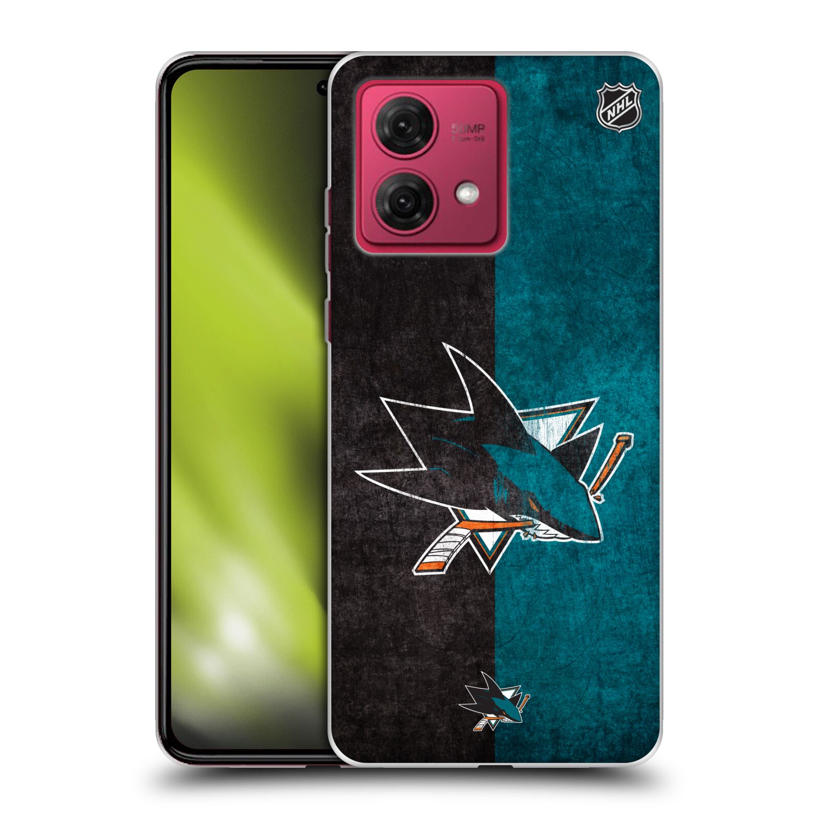 Silikonové pouzdro na mobil Motorola Moto G84 5G - NHL - Půlené logo San Jose Sharks (Silikonový kryt, obal, pouzdro na mobilní telefon Motorola Moto G84 5G s licencovaným motivem NHL - Půlené logo San Jose Sharks)