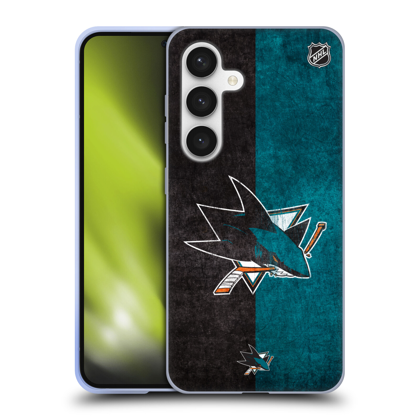 Silikonové lesklé pouzdro na mobil Samsung Galaxy S24 - NHL - Půlené logo San Jose Sharks (Silikonový kryt, obal, pouzdro na mobilní telefon Samsung Galaxy S24 s licencovaným motivem NHL - Půlené logo San Jose Sharks)