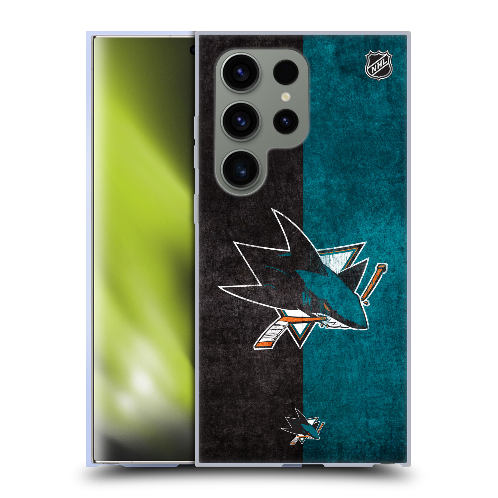 Silikonové lesklé pouzdro na mobil Samsung Galaxy S24 Ultra - NHL - Půlené logo San Jose Sharks (Silikonový kryt, obal, pouzdro na mobilní telefon Samsung Galaxy S24 Ultra s licencovaným motivem NHL - Půlené logo San Jose Sharks)