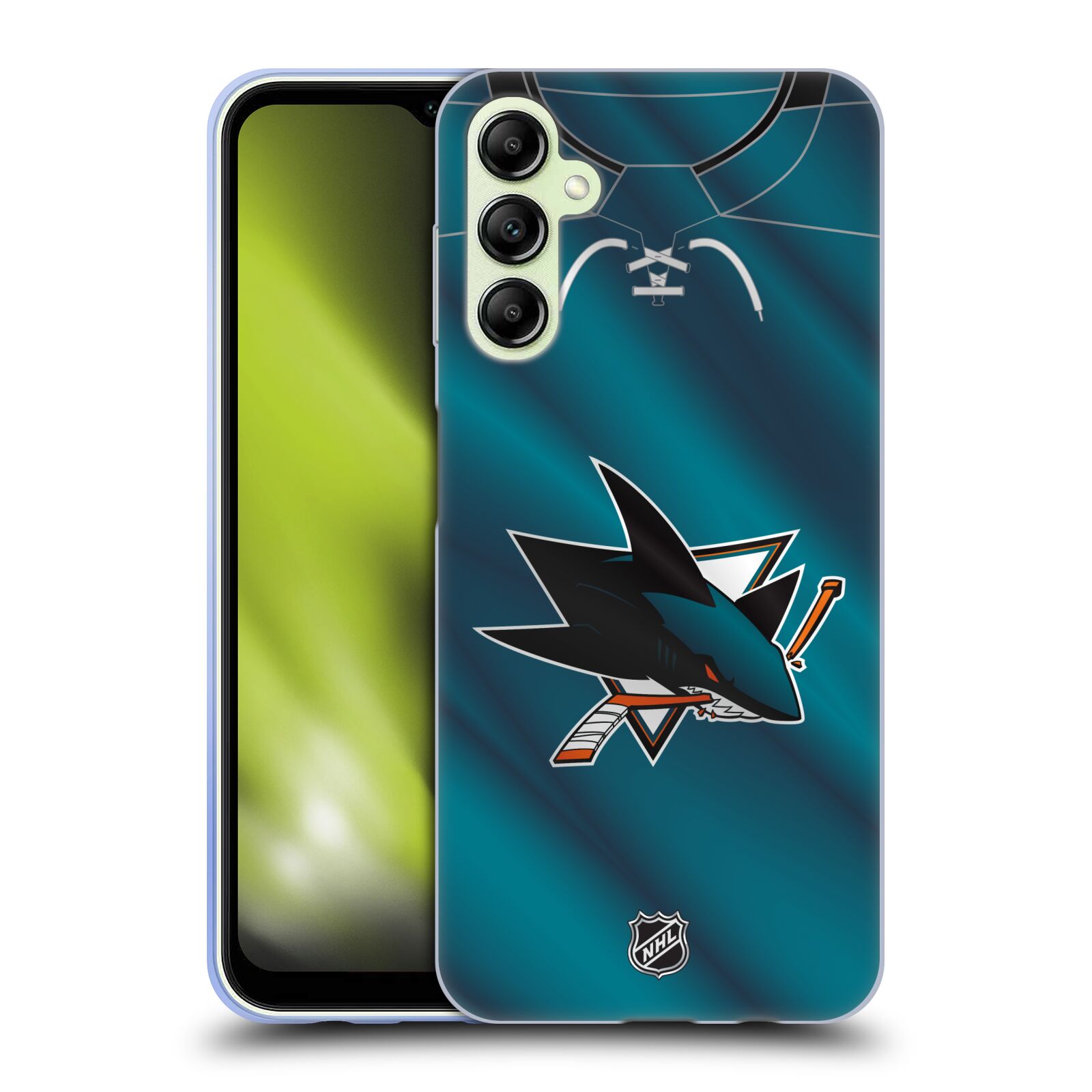 Silikonové pouzdro na mobil Samsung Galaxy A14 5G / LTE - NHL - Dres San Jose Sharks (Silikonový kryt, obal, pouzdro na mobilní telefon Samsung Galaxy A14 5G / LTE s licencovaným motivem NHL - Dres San Jose Sharks)