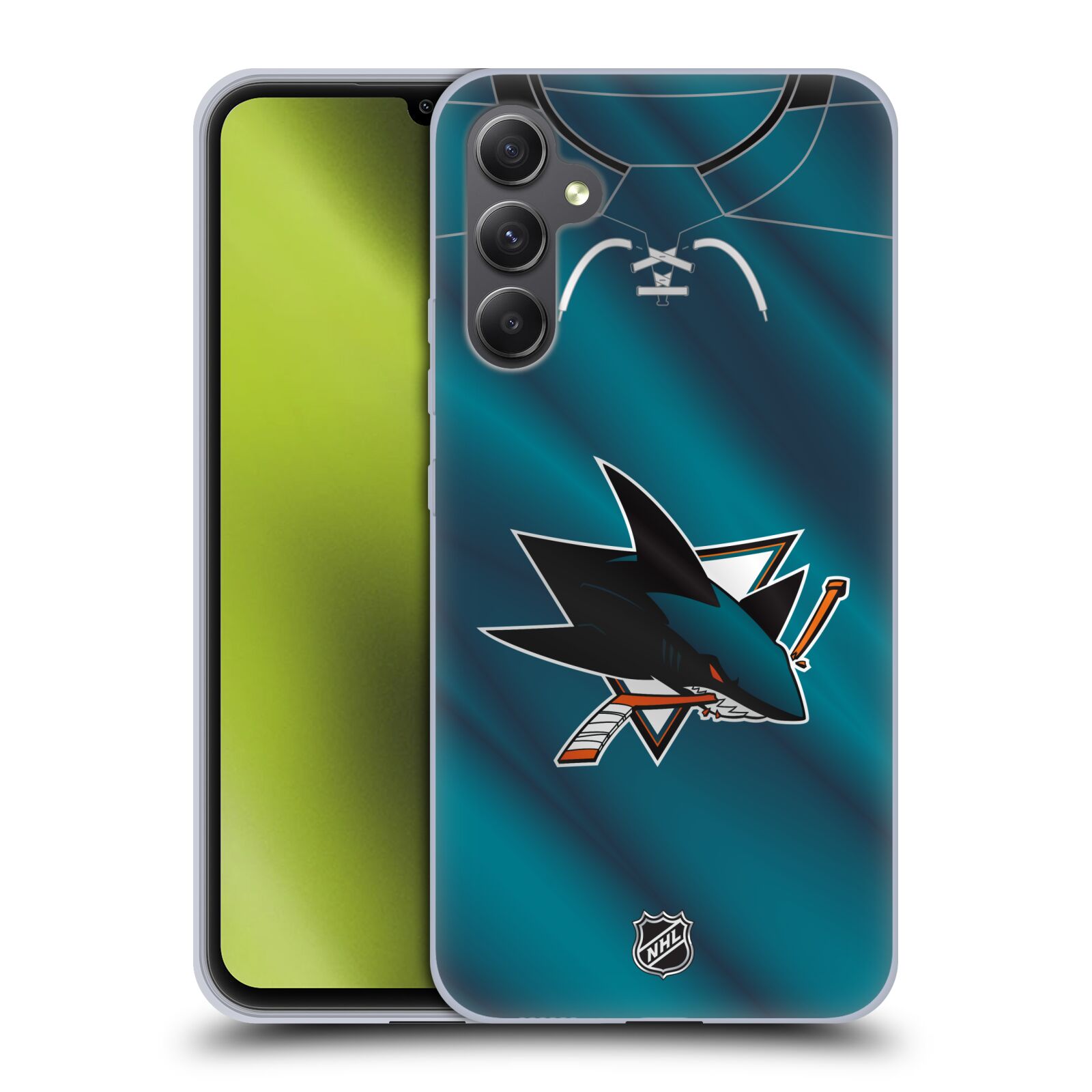 Silikonové pouzdro na mobil Samsung Galaxy A34 5G - NHL - Dres San Jose Sharks (Silikonový kryt, obal, pouzdro na mobilní telefon Samsung Galaxy A34 5G s licencovaným motivem NHL - Dres San Jose Sharks)