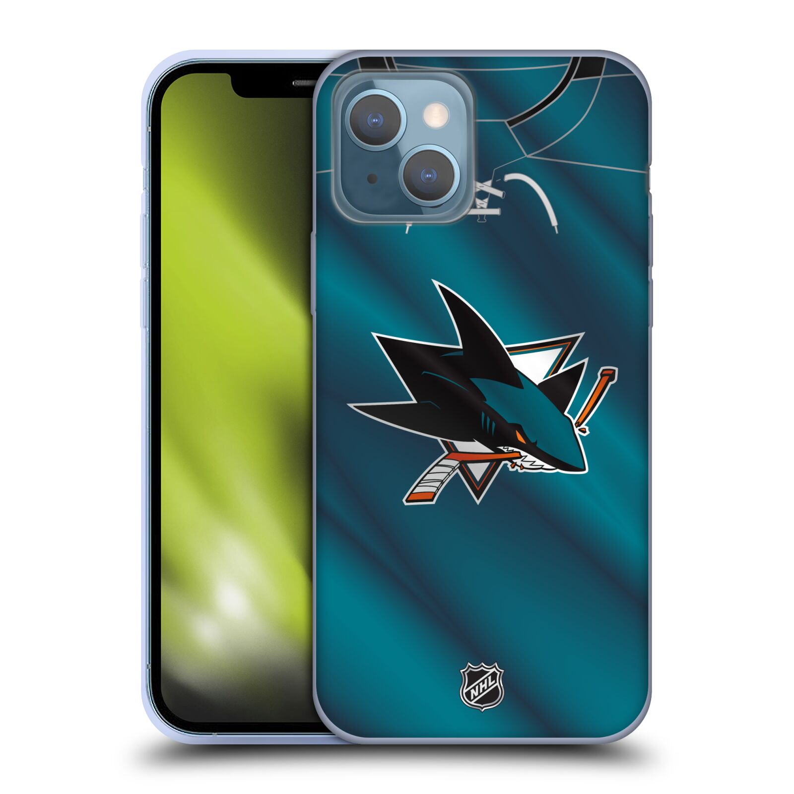 Silikonové pouzdro na mobil Apple iPhone 13 - NHL - Dres San Jose Sharks (Silikonový kryt, obal, pouzdro na mobilní telefon Apple iPhone 13 s licencovaným motivem NHL - Dres San Jose Sharks)