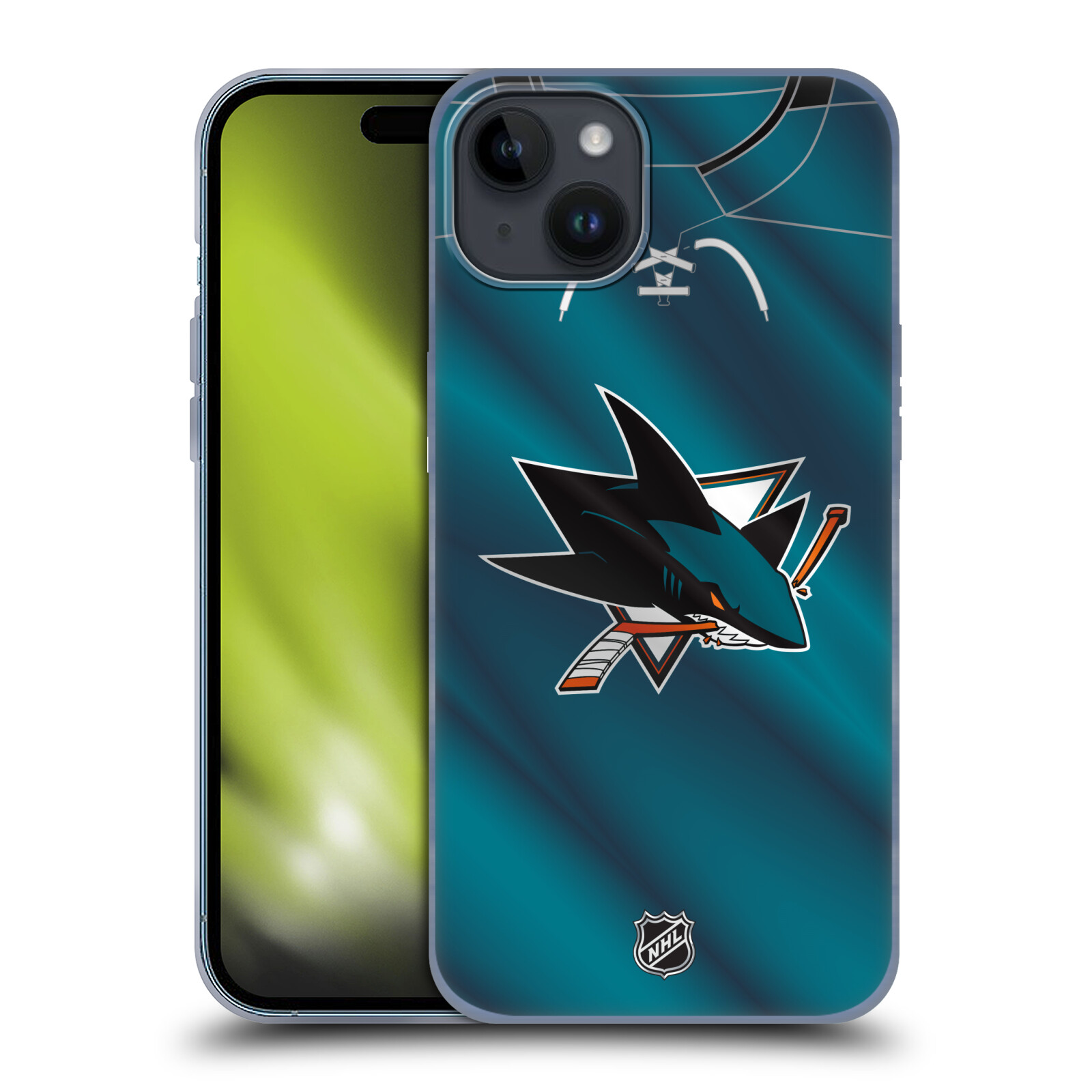 Silikonové lesklé pouzdro na mobil Apple iPhone 15 Plus - NHL - Dres San Jose Sharks (Silikonový lesklý kryt, obal, pouzdro na mobilní telefon Apple iPhone 15 Plus s licencovaným motivem NHL - Dres San Jose Sharks)